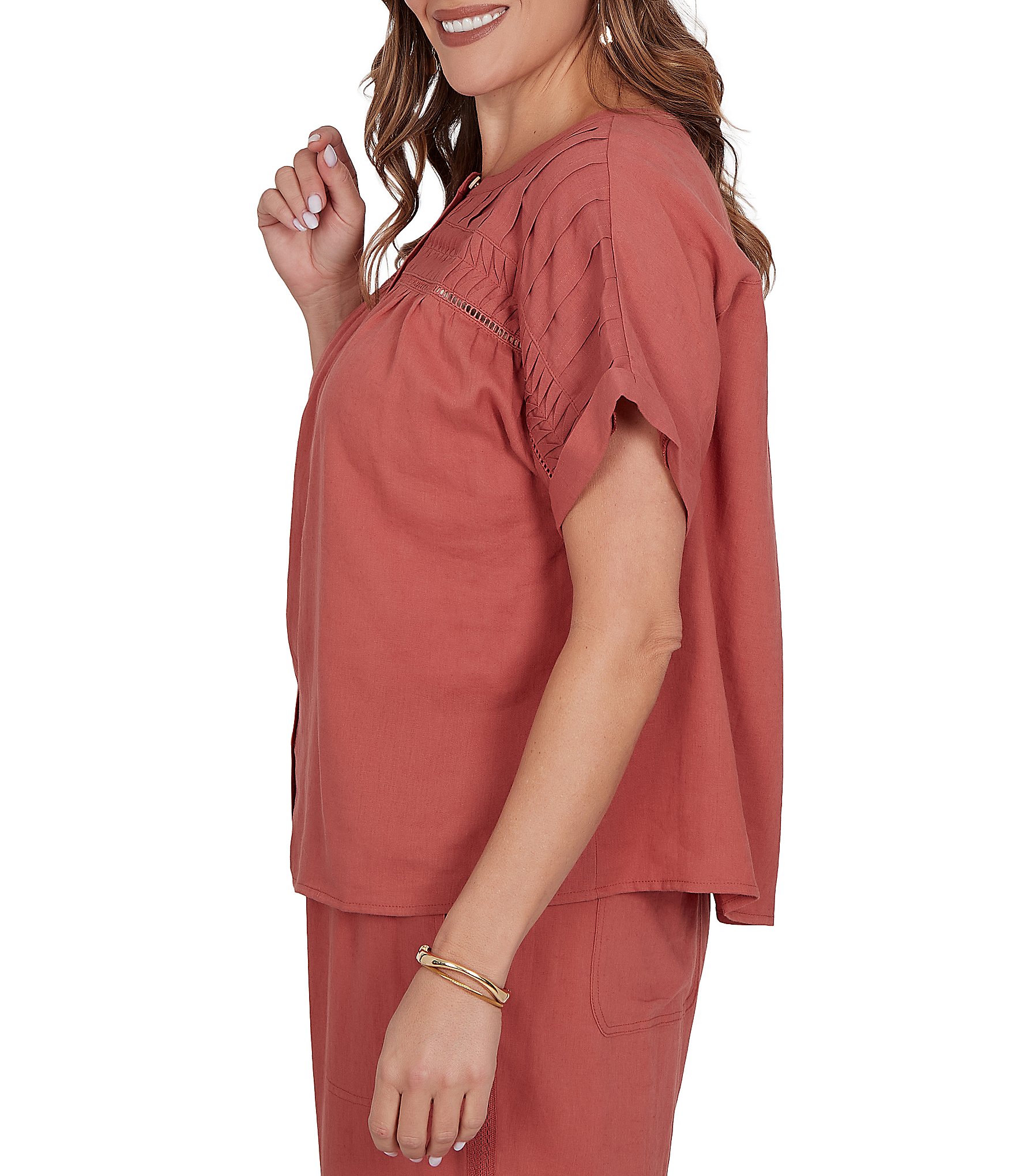 Ruby Rd. Plus Size Linen Blend Banded Round Neck Short Cuff Sleeve Button Front Shirt