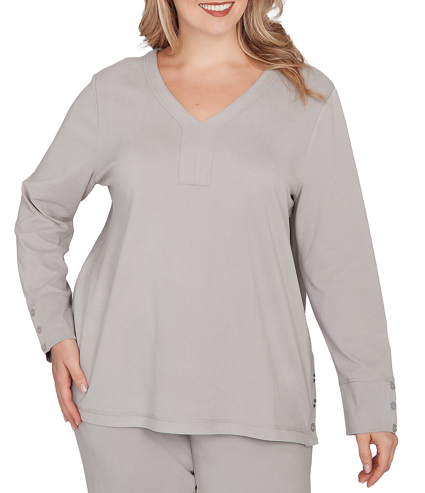 Ruby Rd. Plus Size Luxe Rib Knit V-Neck Long Sleeve Popover Top