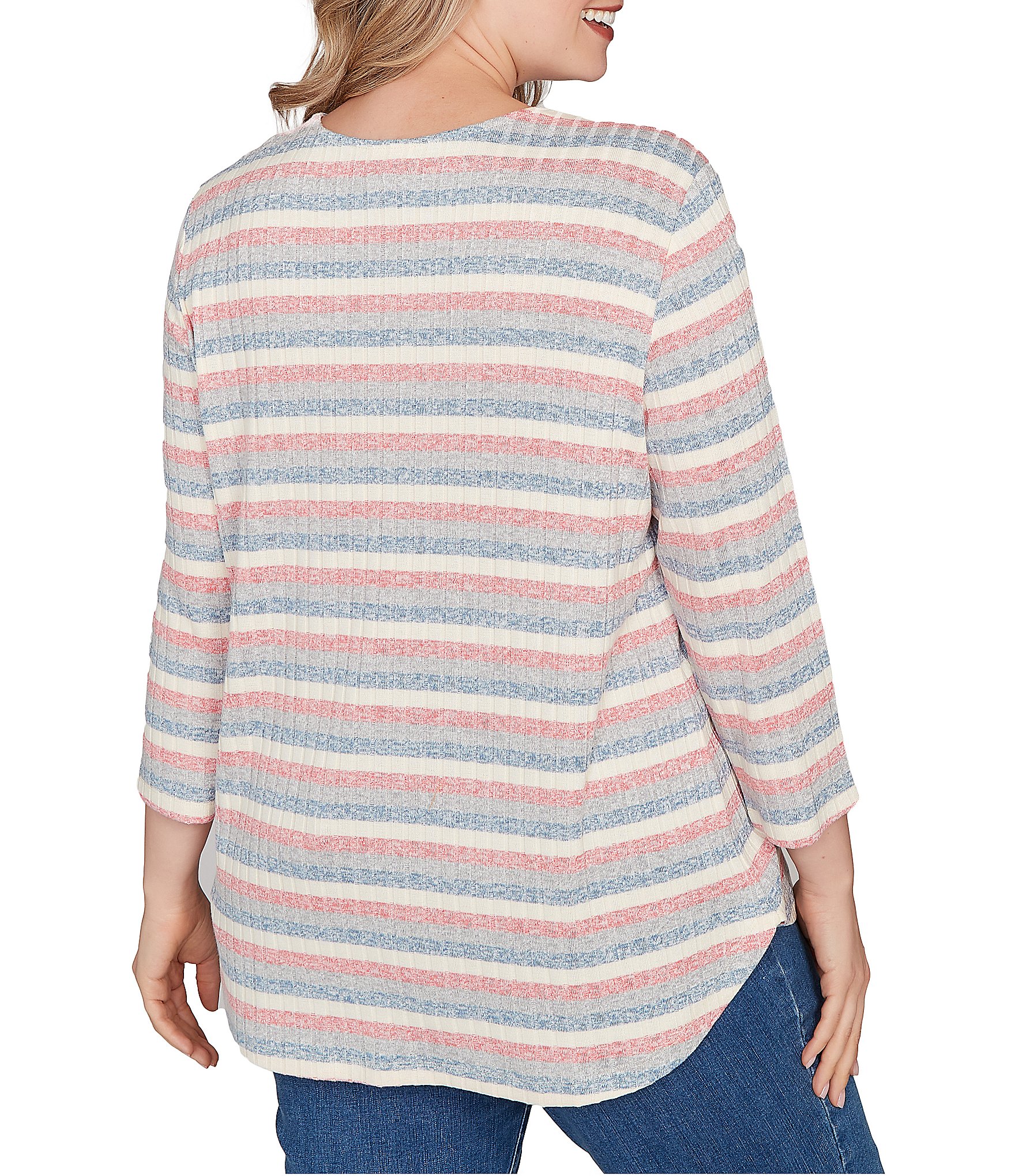 Ruby Rd. Plus Size Marled Stripe Ribbed Knit Square Neck 3/4 Sleeve Top