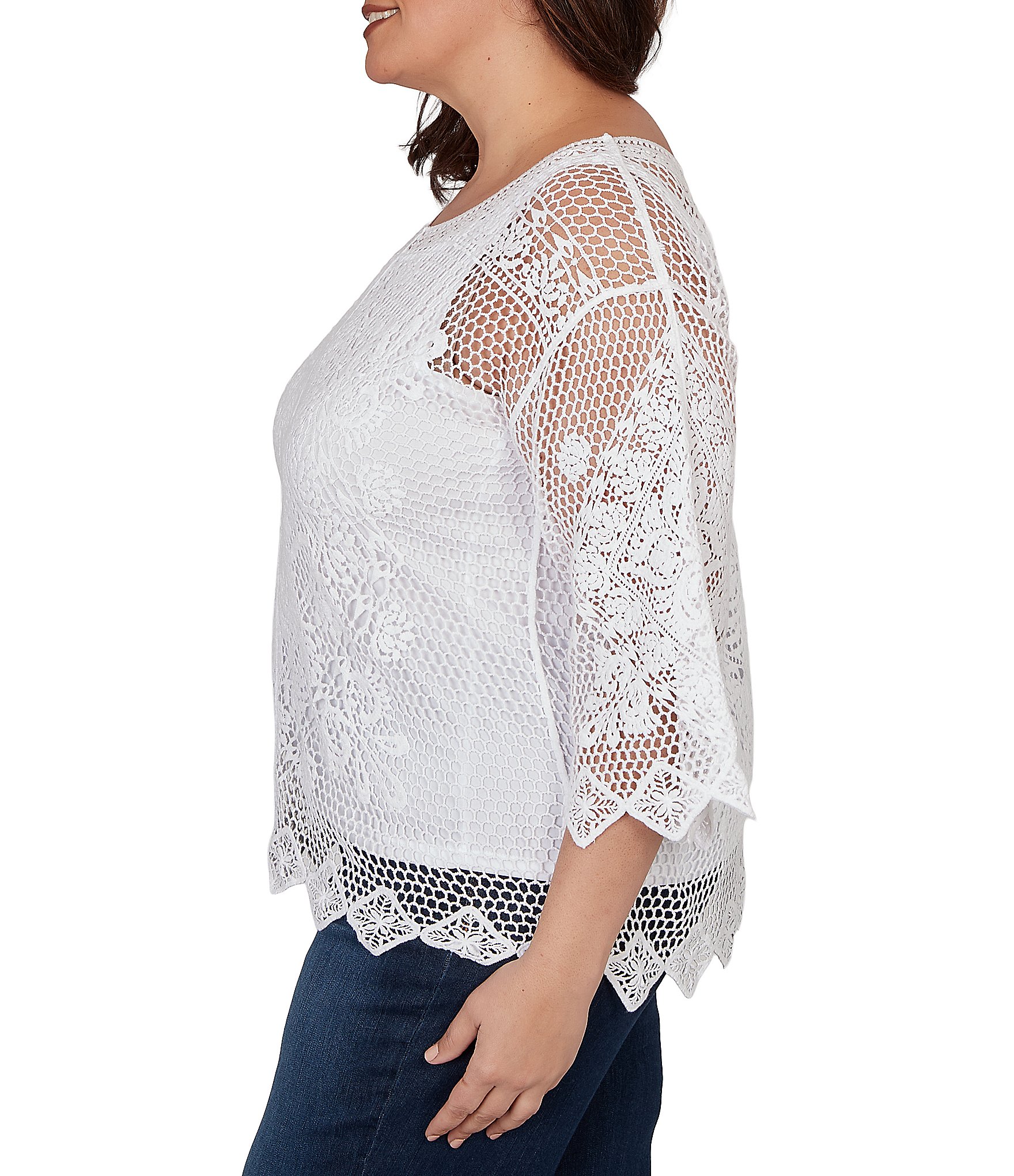 Ruby Rd. Plus Size Medallion Crochet Lace Scoop Neck 3/4 Sleeve Top
