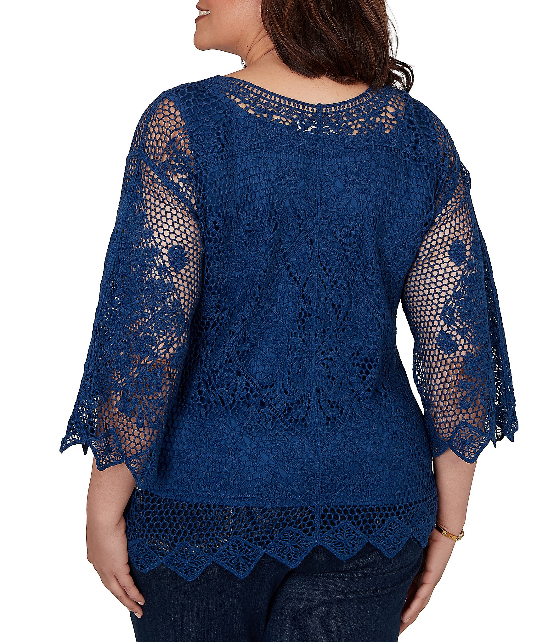 Ruby Rd. Plus Size Medallion Crochet Lace Scoop Neck 3/4 Sleeve Top