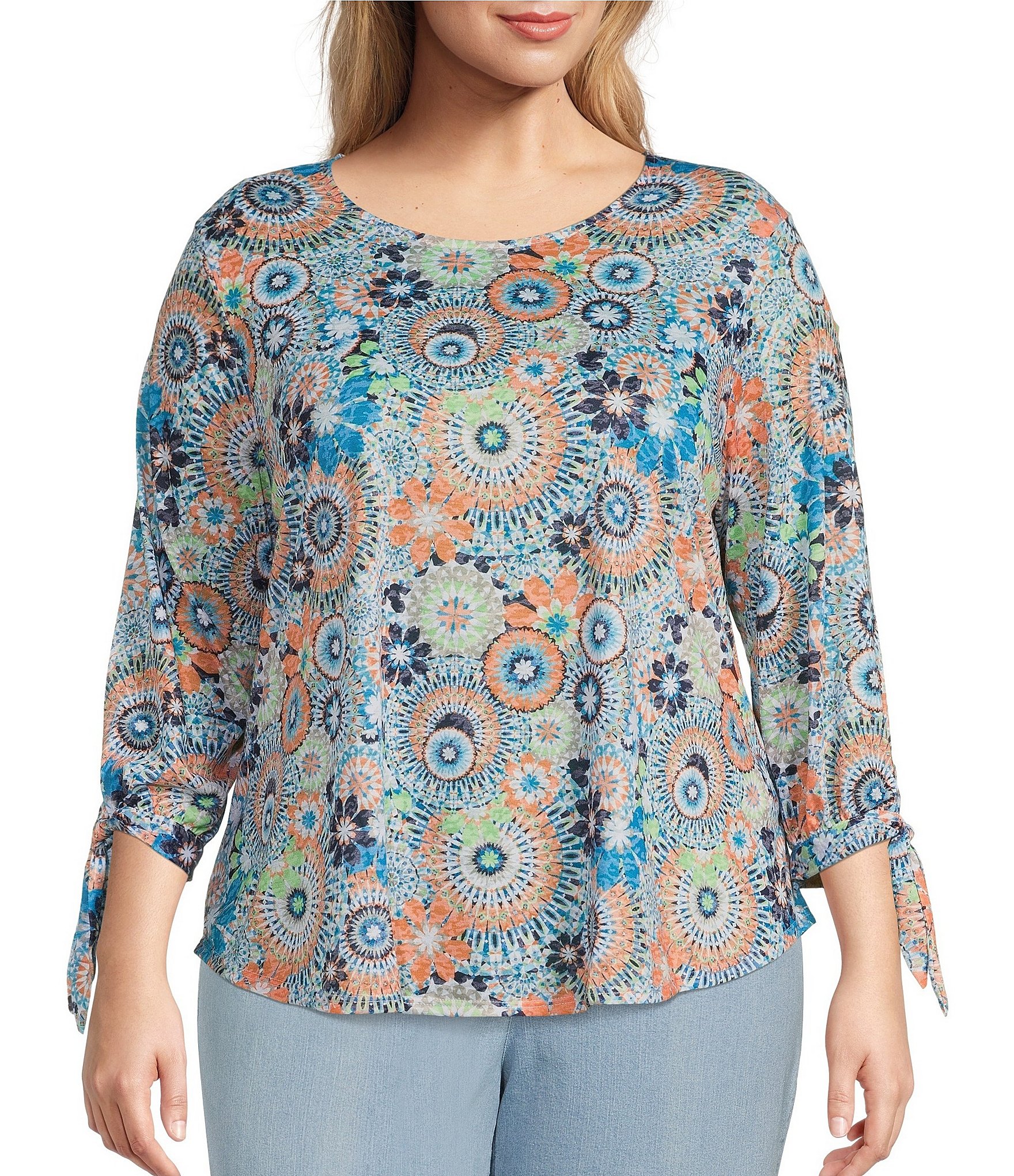 Ruby Rd. Plus Size Medallion Print Knit Scoop Neck Tie Cuff 3/4 Sleeve ...