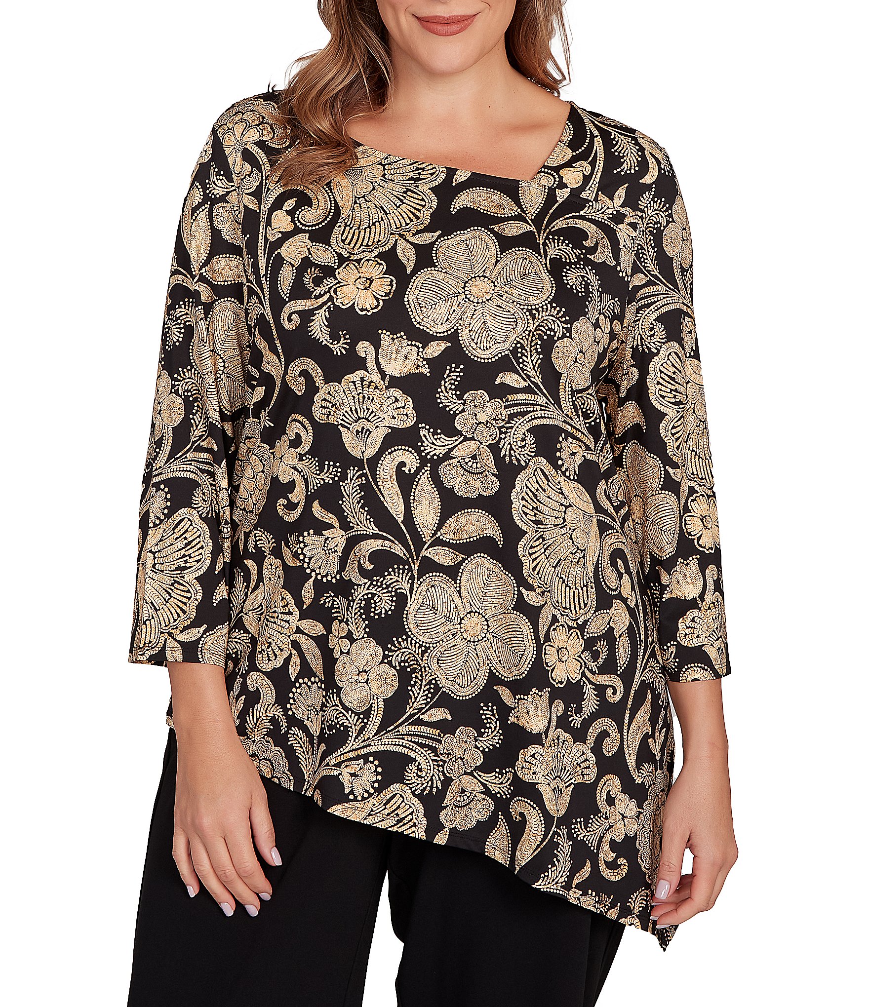 Ruby Rd. Plus Size Metallic Bold Floral Print 3/4 Sleeve Asymmetrical Top