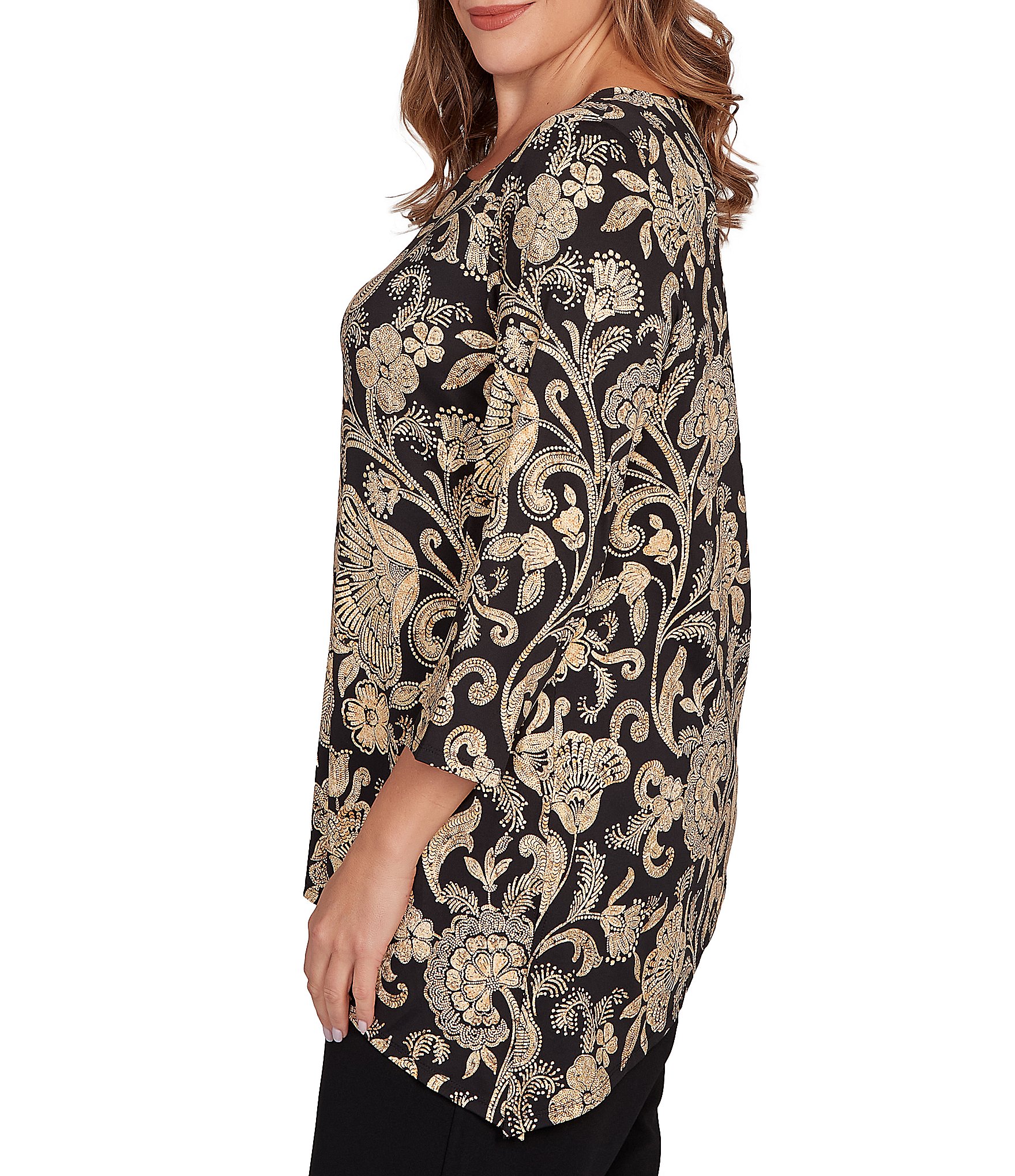 Ruby Rd. Plus Size Metallic Bold Floral Print 3/4 Sleeve Asymmetrical Top