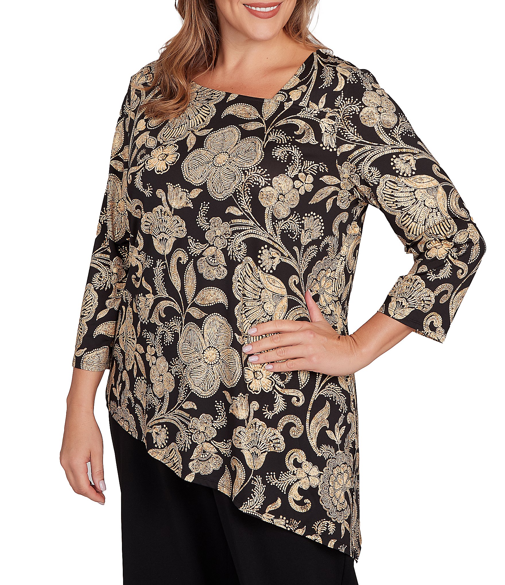 Ruby Rd. Plus Size Metallic Bold Floral Print 3/4 Sleeve Asymmetrical Top