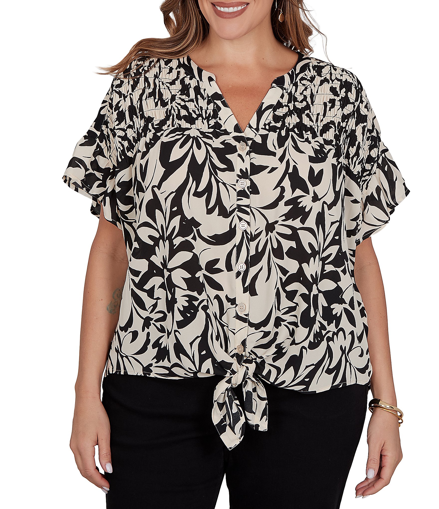 Ruby Rd. Plus Size Mixed-Media Monochrome Floral V-Neck Short Ruffle Sleeve Button Tie Front Shirt