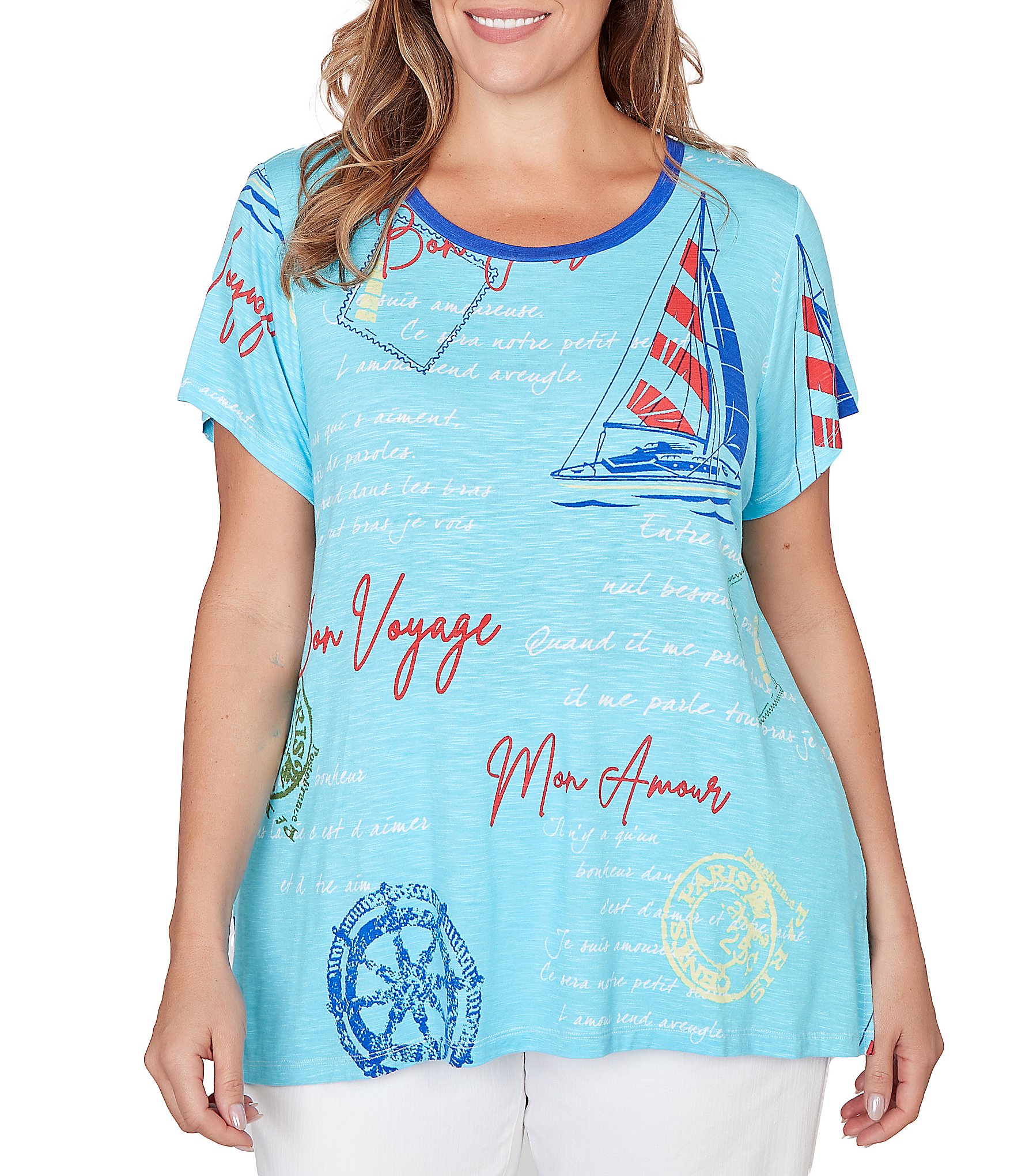 Ruby Rd. Plus Size Nautical Bon Voyage Slub Jersey Crew Neck Short Sleeve Knit Tee