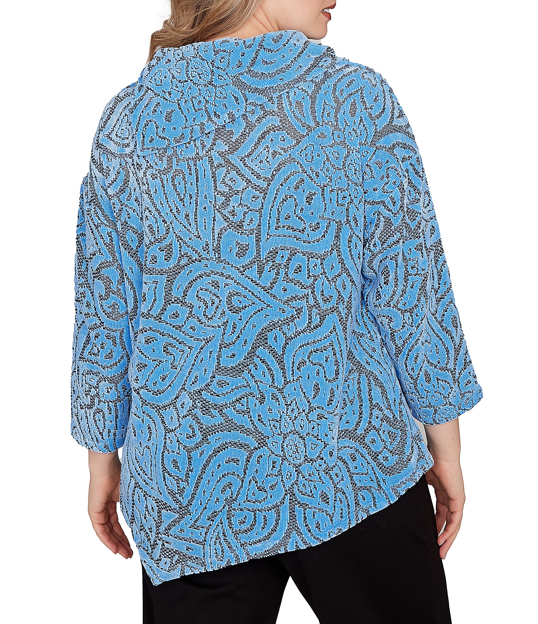 Ruby Rd. Plus Size Paisley Jacquard Split Cowl Neck 3/4 Sleeve Asymmetric Hem Top
