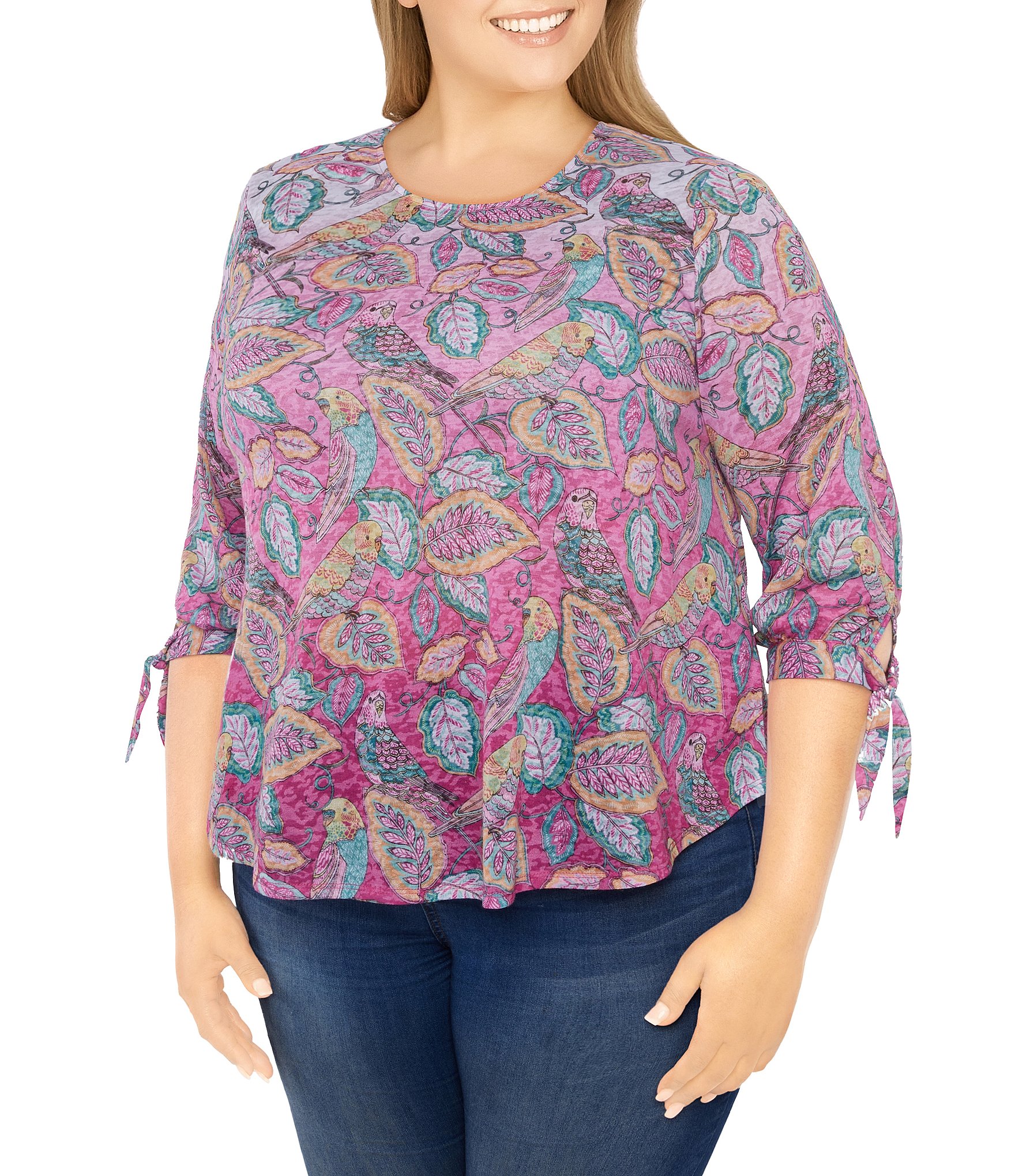 Ruby Rd. Plus Size Paisley Print Knit Scoop Neck Tie Cuff 3/4 Sleeve Top