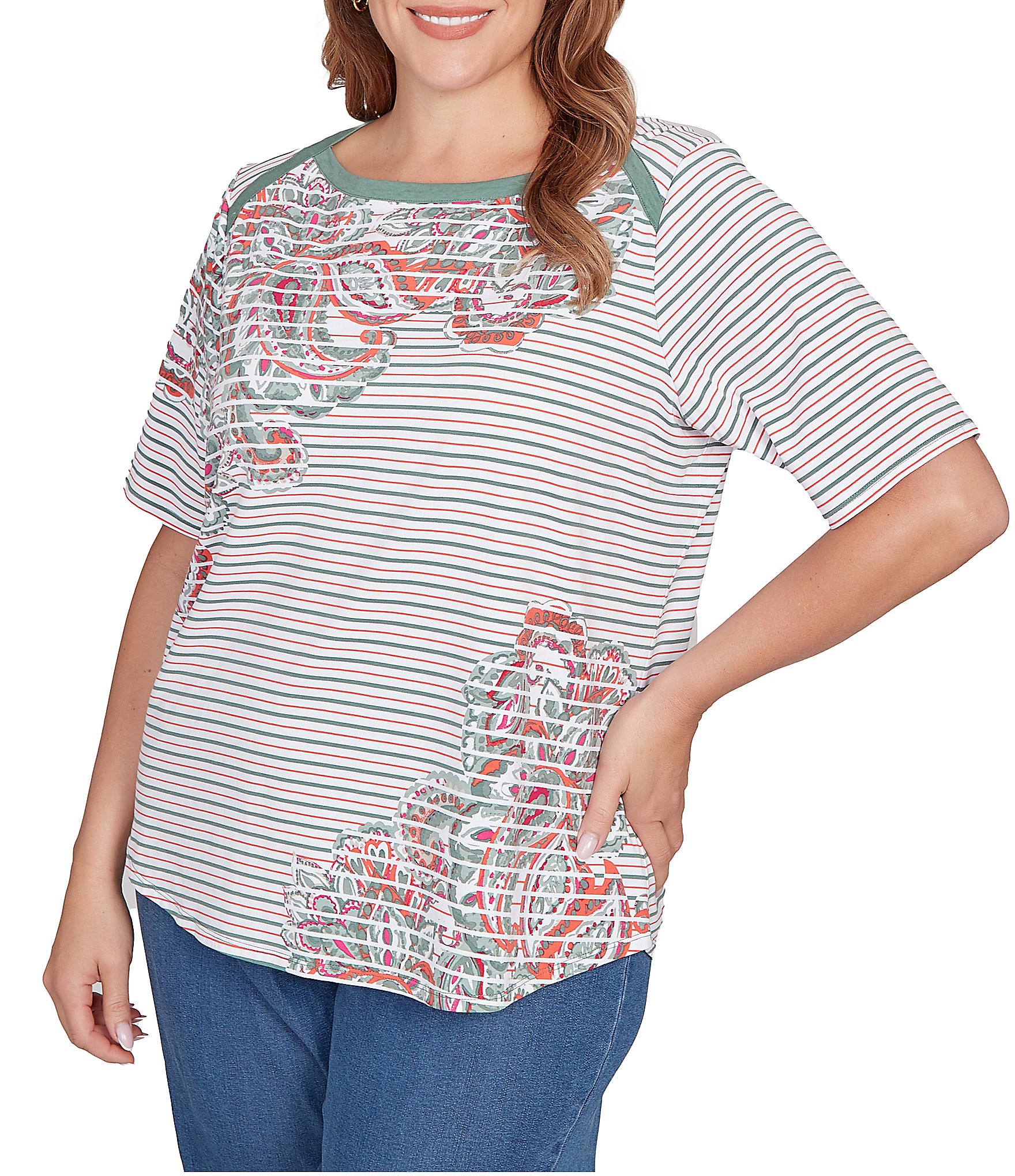Ruby Rd. Plus Size Paisley Stripe Envelope Neck Short Sleeve Top