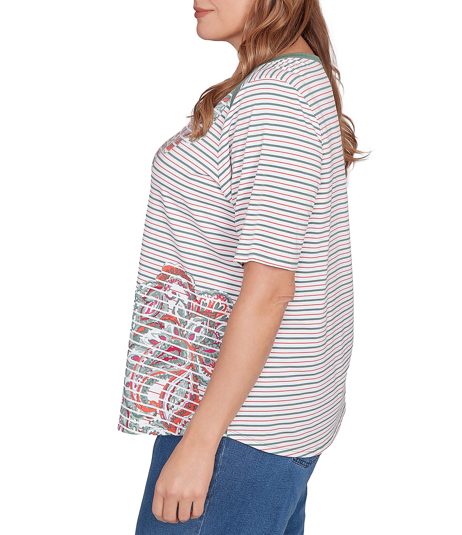 Ruby Rd. Plus Size Paisley Stripe Envelope Neck Short Sleeve Top