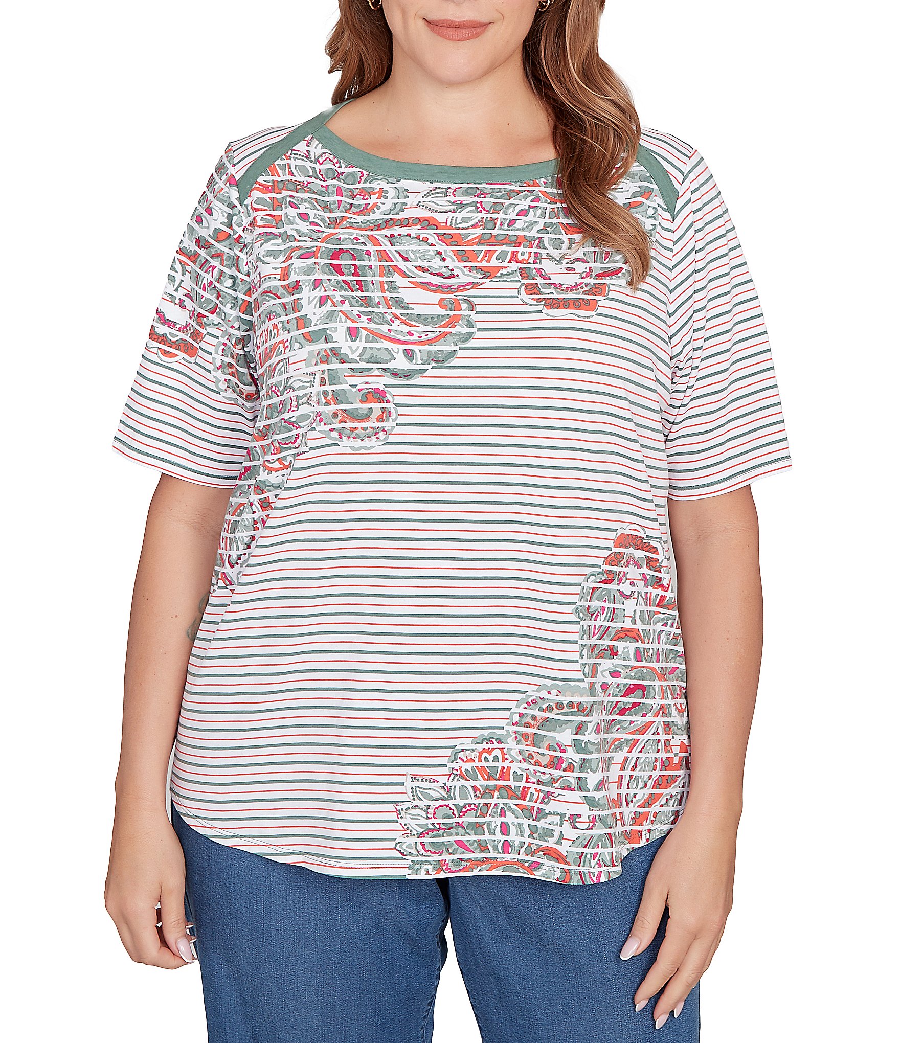 Ruby Rd. Plus Size Paisley Stripe Envelope Neck Short Sleeve Top