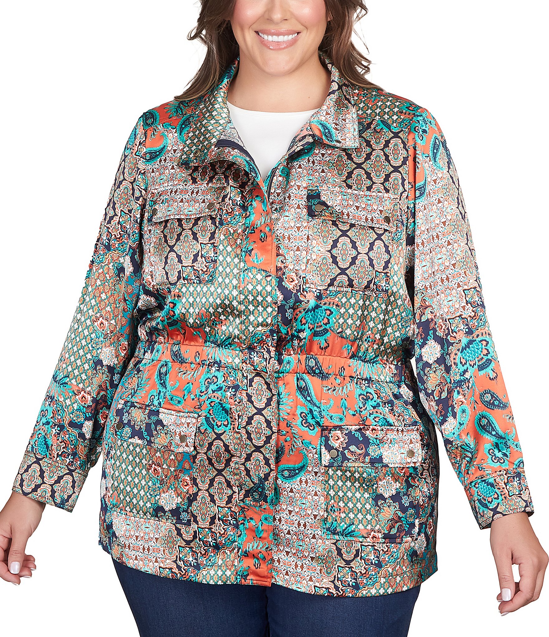 Ruby Rd. Plus Size Patchwork Paisley Print Charmeuse Concealed Zipper Front  Anorak Jacket | Dillard's