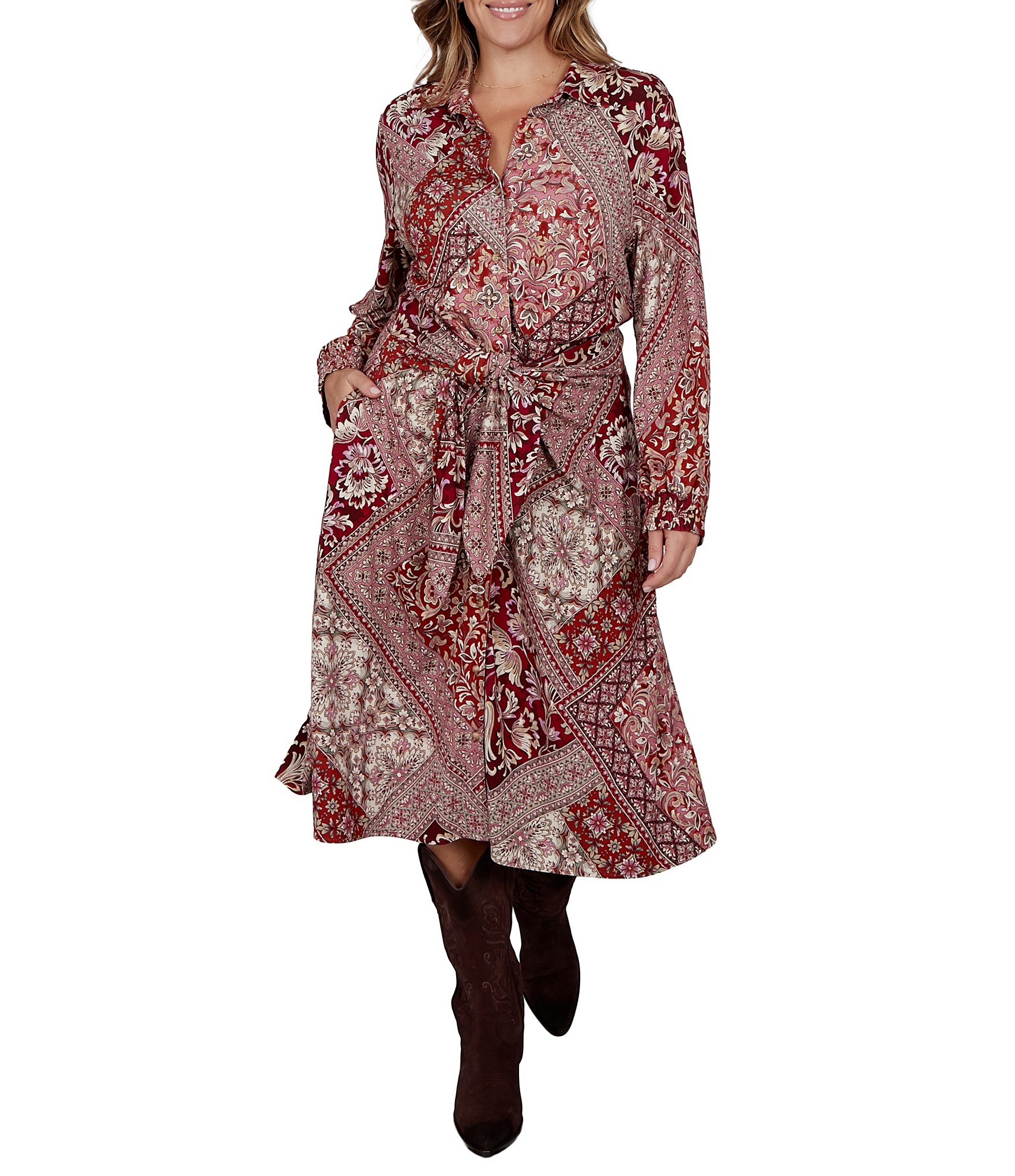 Ruby Rd. Plus Size Ponte Victorian-Inspired Patchwork Point Collar Long Sleeve Self Tie Shirt Dress