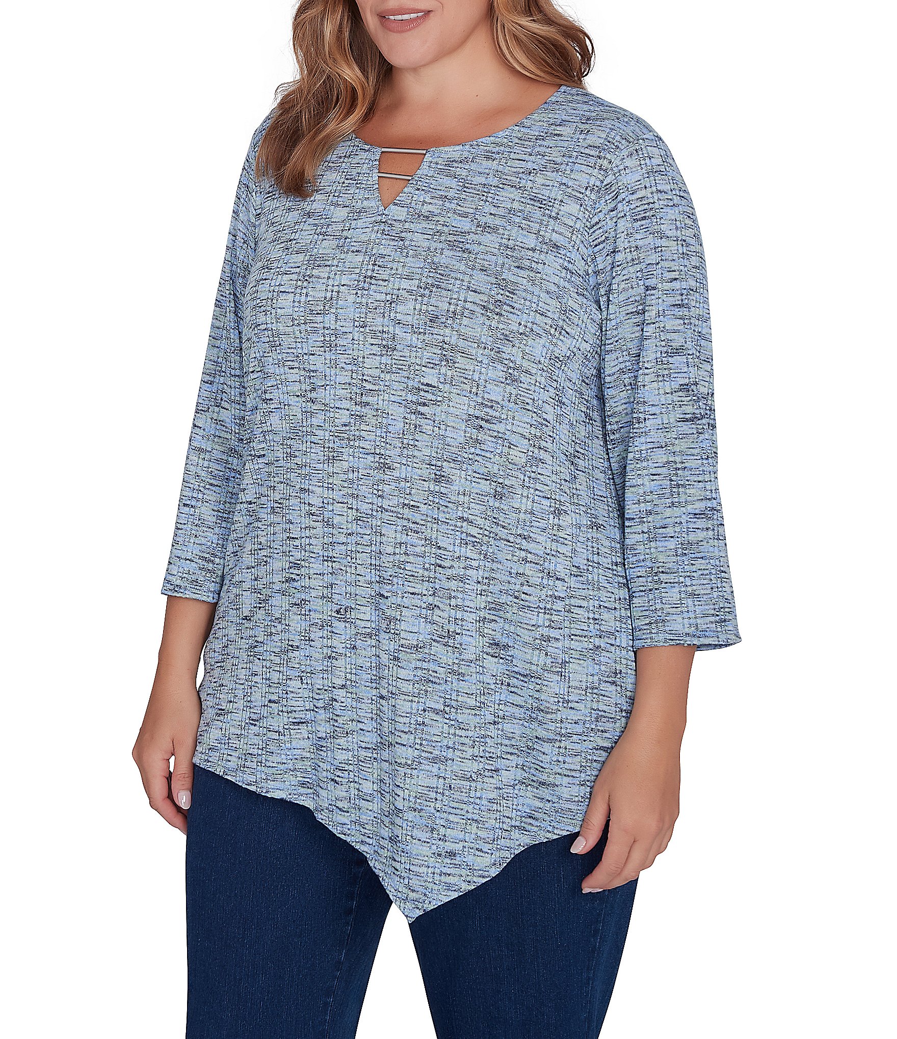 Ruby Rd. Plus Size Printed Knit Keyhole V-Neck 3/4 Sleeve Asymmetric Hem Top