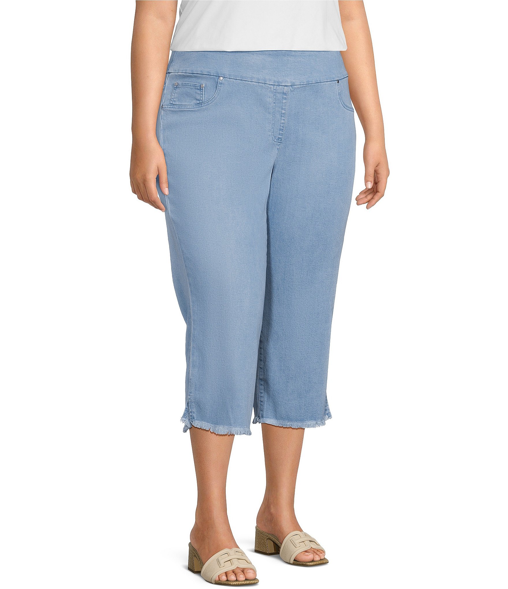 Ruby Rd. Plus Size Relaxed Fringe Hem Pull-On Denim Pants