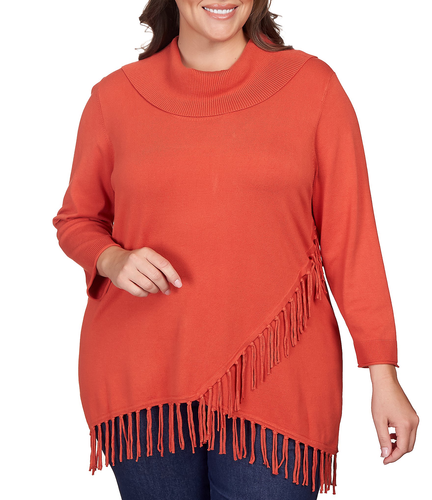 Ruby Rd. Plus Size Ribbed Cowl Neck 3 4 Sleeve Asymmetrical Fringe Hem Sweater Dillard s