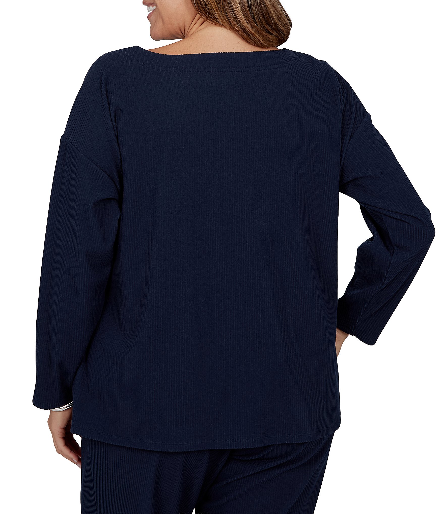 Ruby Rd. Plus Size Ribbed Knit Boat Neck Long Sleeve Ruched Side Tie Top