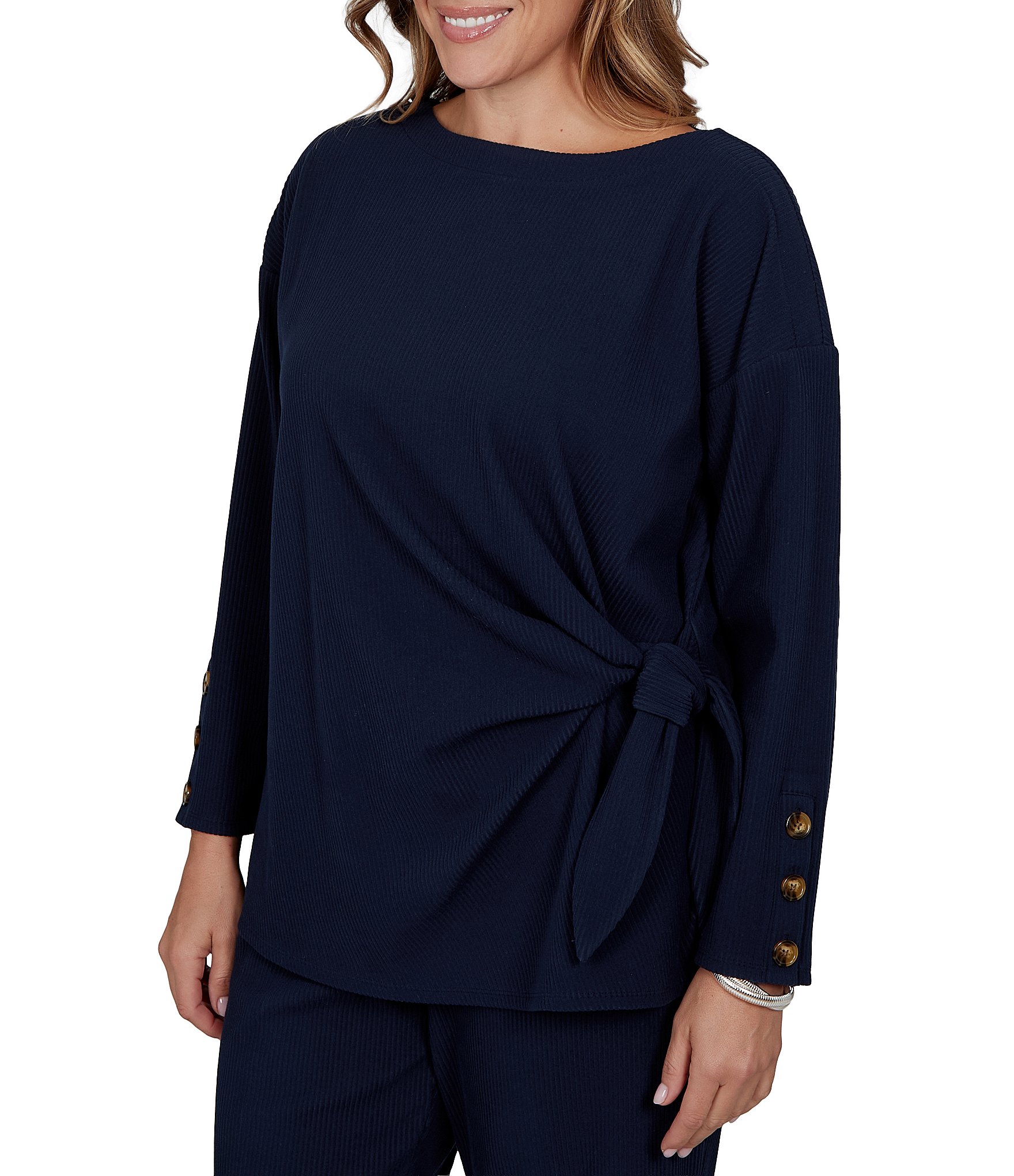 Ruby Rd. Plus Size Ribbed Knit Boat Neck Long Sleeve Ruched Side Tie Top