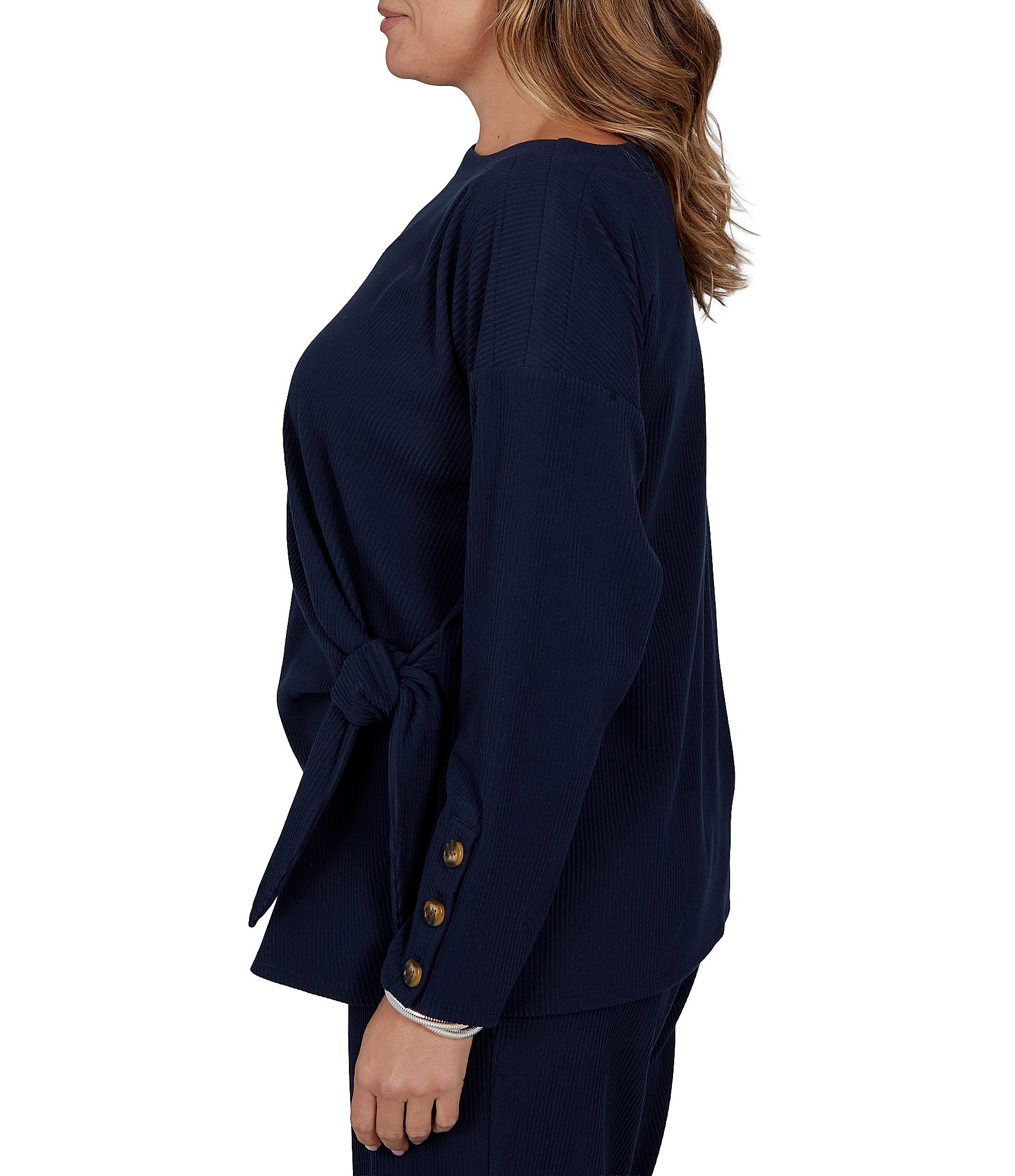 Ruby Rd. Plus Size Ribbed Knit Boat Neck Long Sleeve Ruched Side Tie Top