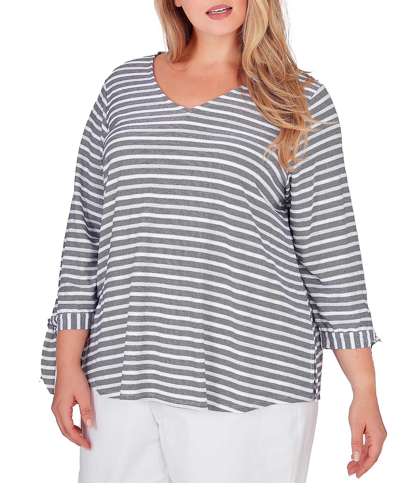 Calvin Klein Plus Size Dotted Striped Print Matte Jersey Pleated Crew Neck  Sleeveless Top