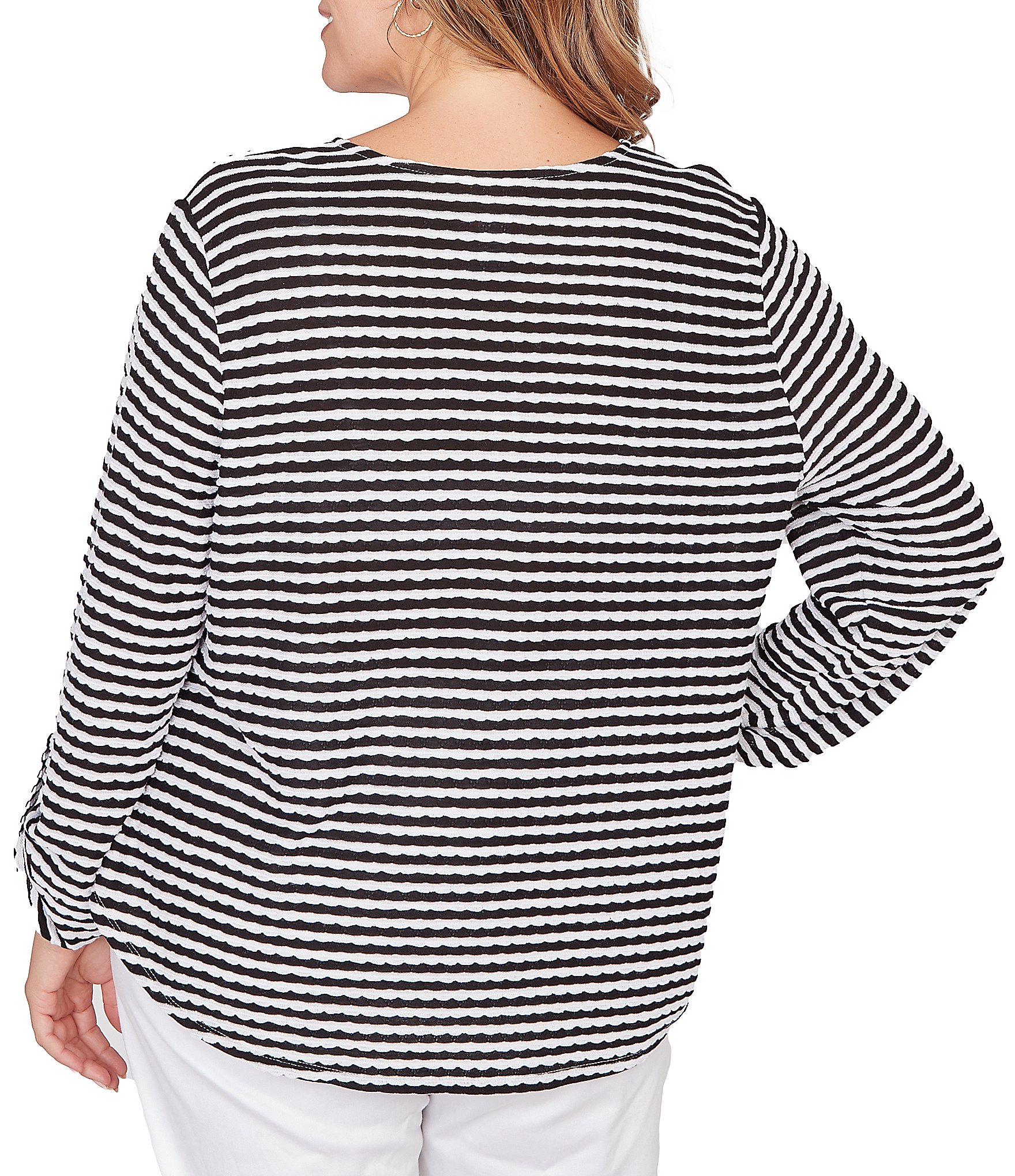 Ruby Rd. Plus Size Scalloped Stripe V-Neck 3/4 Roll-Tab Sleeve Top