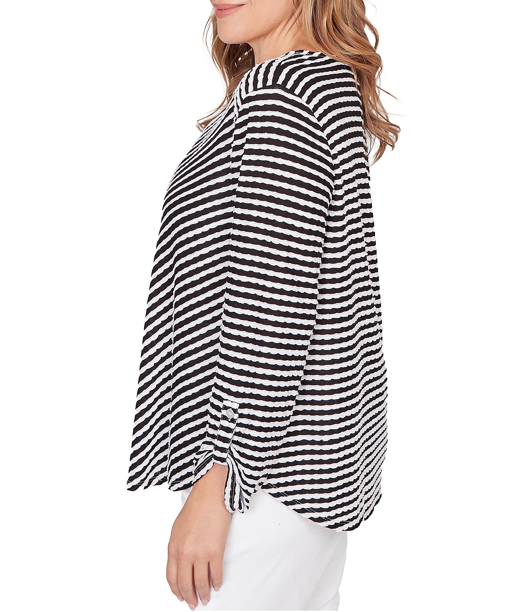 Ruby Rd. Plus Size Scalloped Stripe V-Neck 3/4 Roll-Tab Sleeve Top