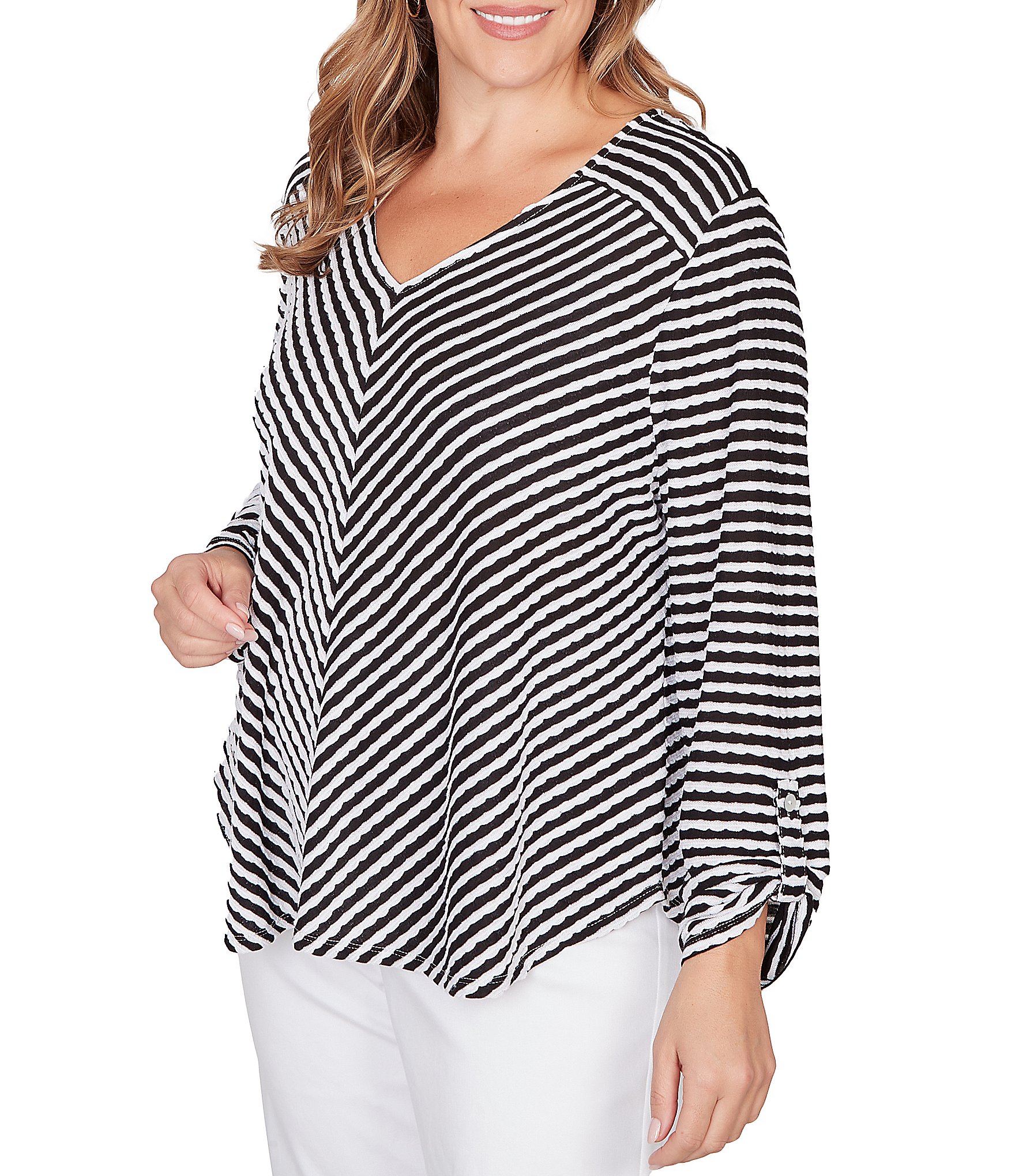 Ruby Rd. Plus Size Scalloped Stripe V-Neck 3/4 Roll-Tab Sleeve Top