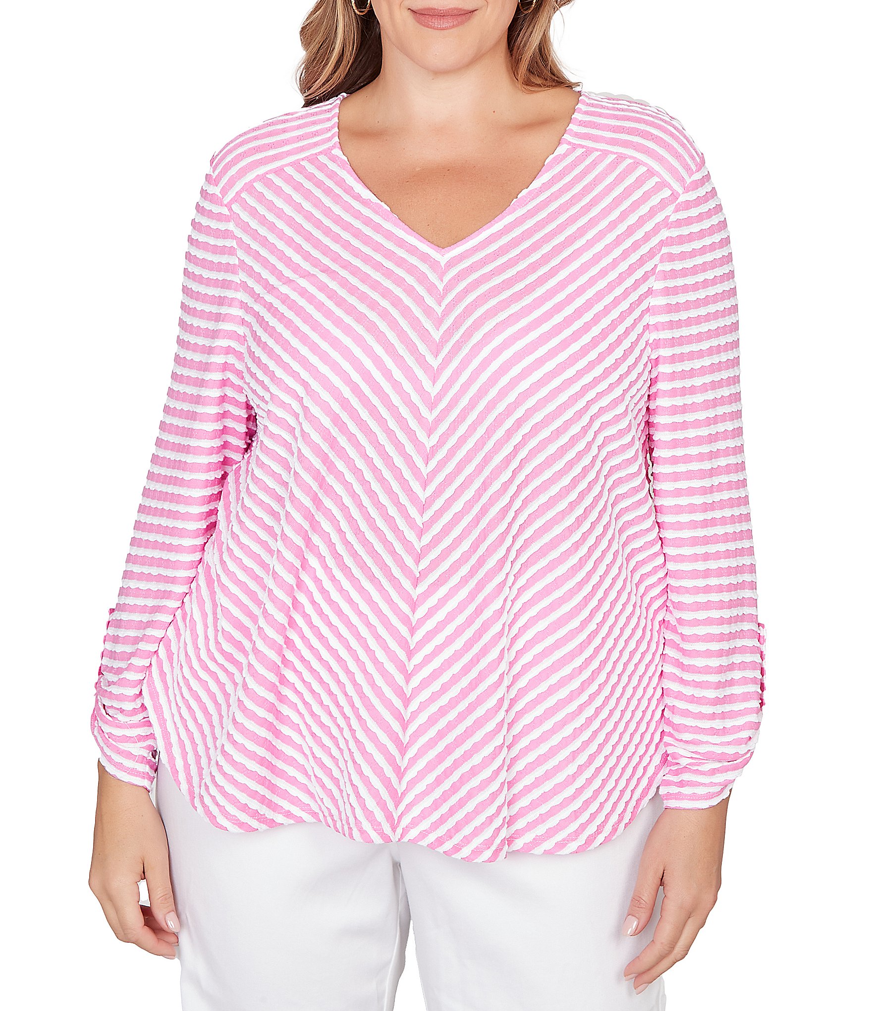 Ruby Rd. Plus Size Scalloped Stripe V-Neck 3/4 Roll-Tab Sleeve Top