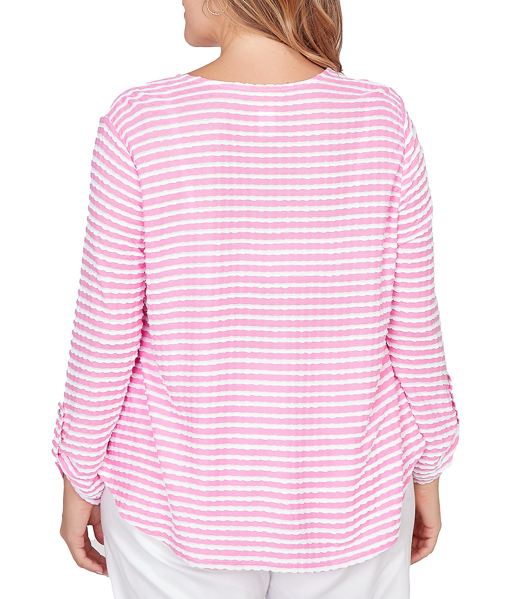 Ruby Rd. Plus Size Scalloped Stripe V-Neck 3/4 Roll-Tab Sleeve Top