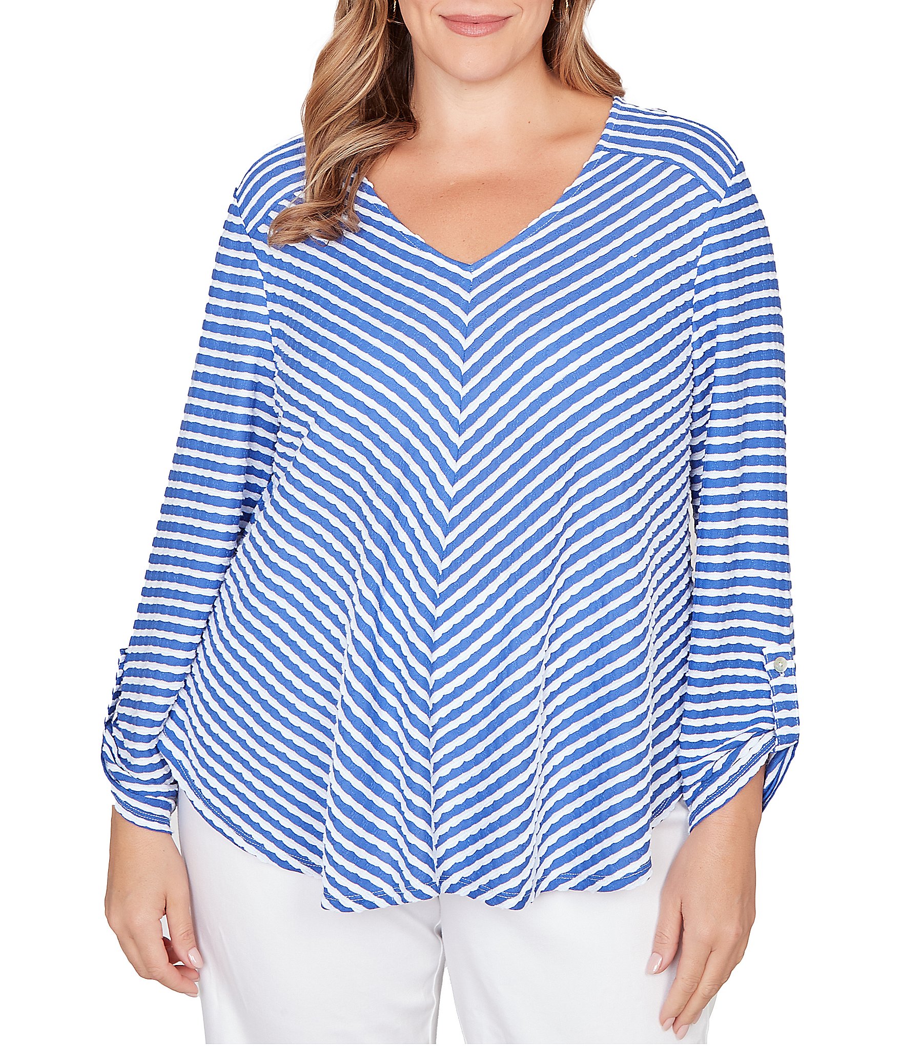 Ruby Rd. Plus Size Scalloped Stripe V-Neck 3/4 Roll-Tab Sleeve Top