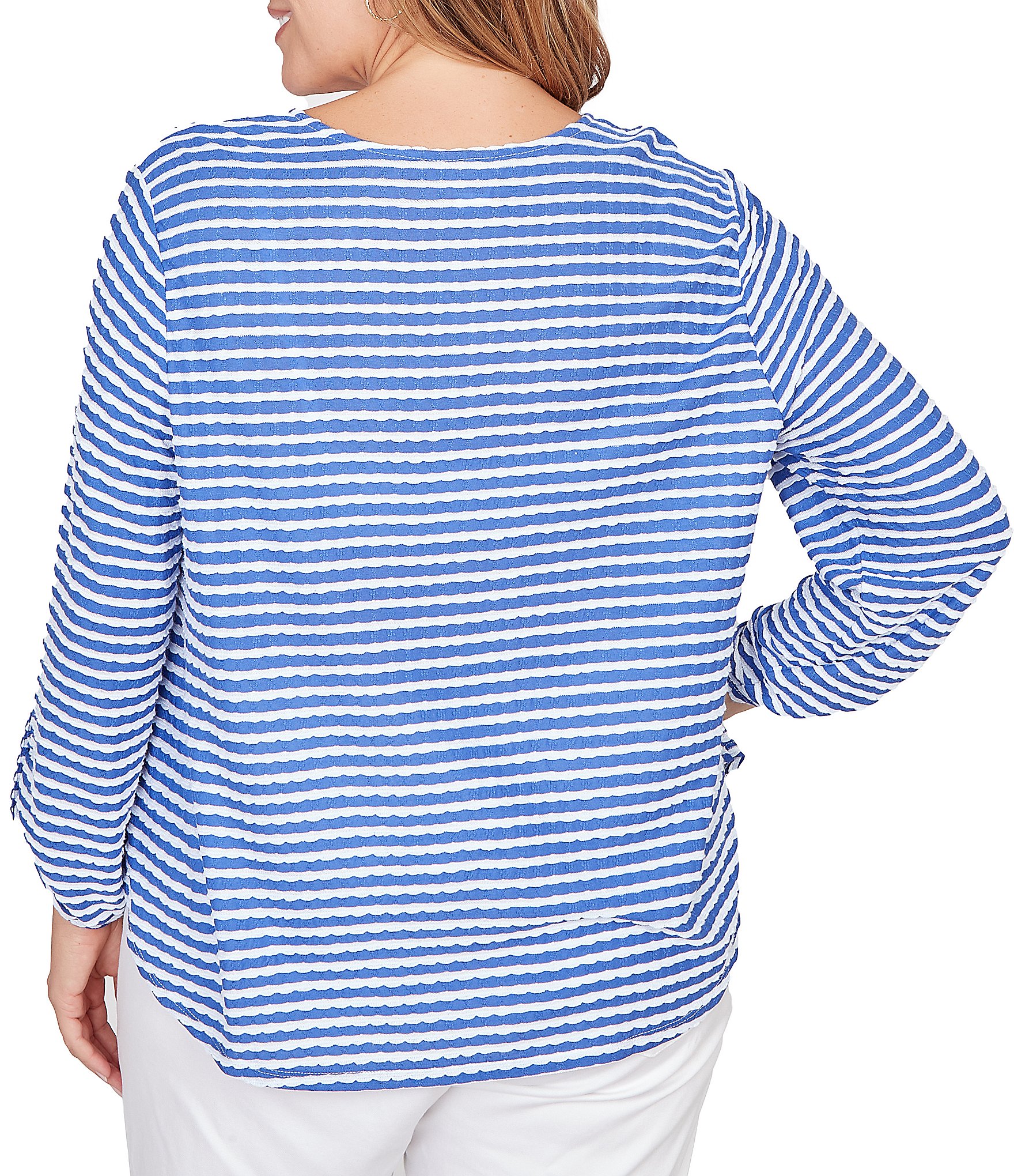 Ruby Rd. Plus Size Scalloped Stripe V-Neck 3/4 Roll-Tab Sleeve Top