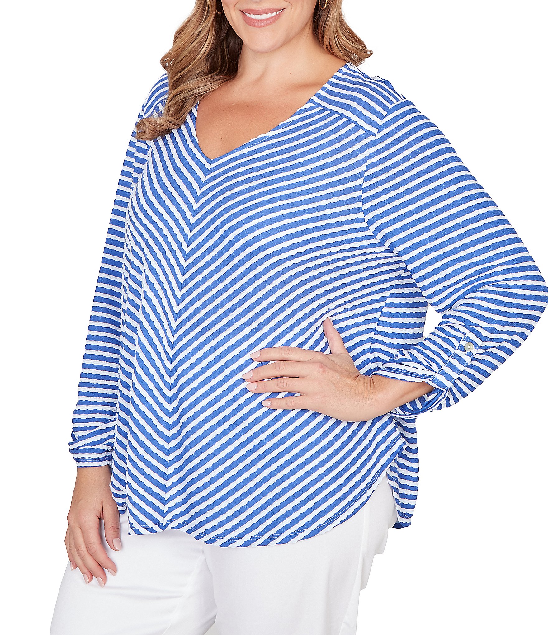 Ruby Rd. Plus Size Scalloped Stripe V-Neck 3/4 Roll-Tab Sleeve Top