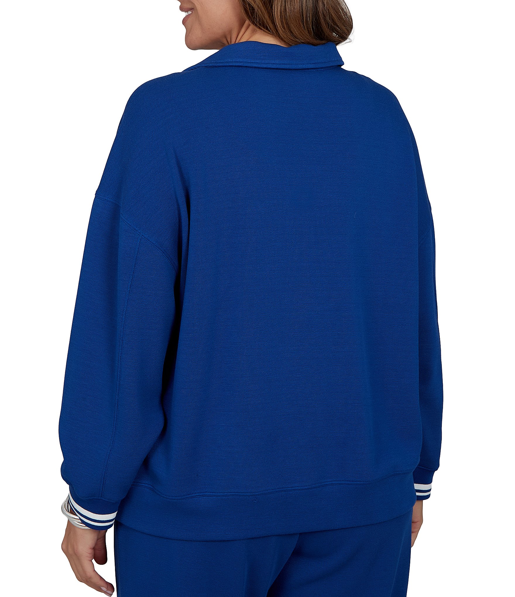 Ruby Rd. Plus Size Scuba Pique Point Collar 3/4 Sleeve Stripe Trim Pullover