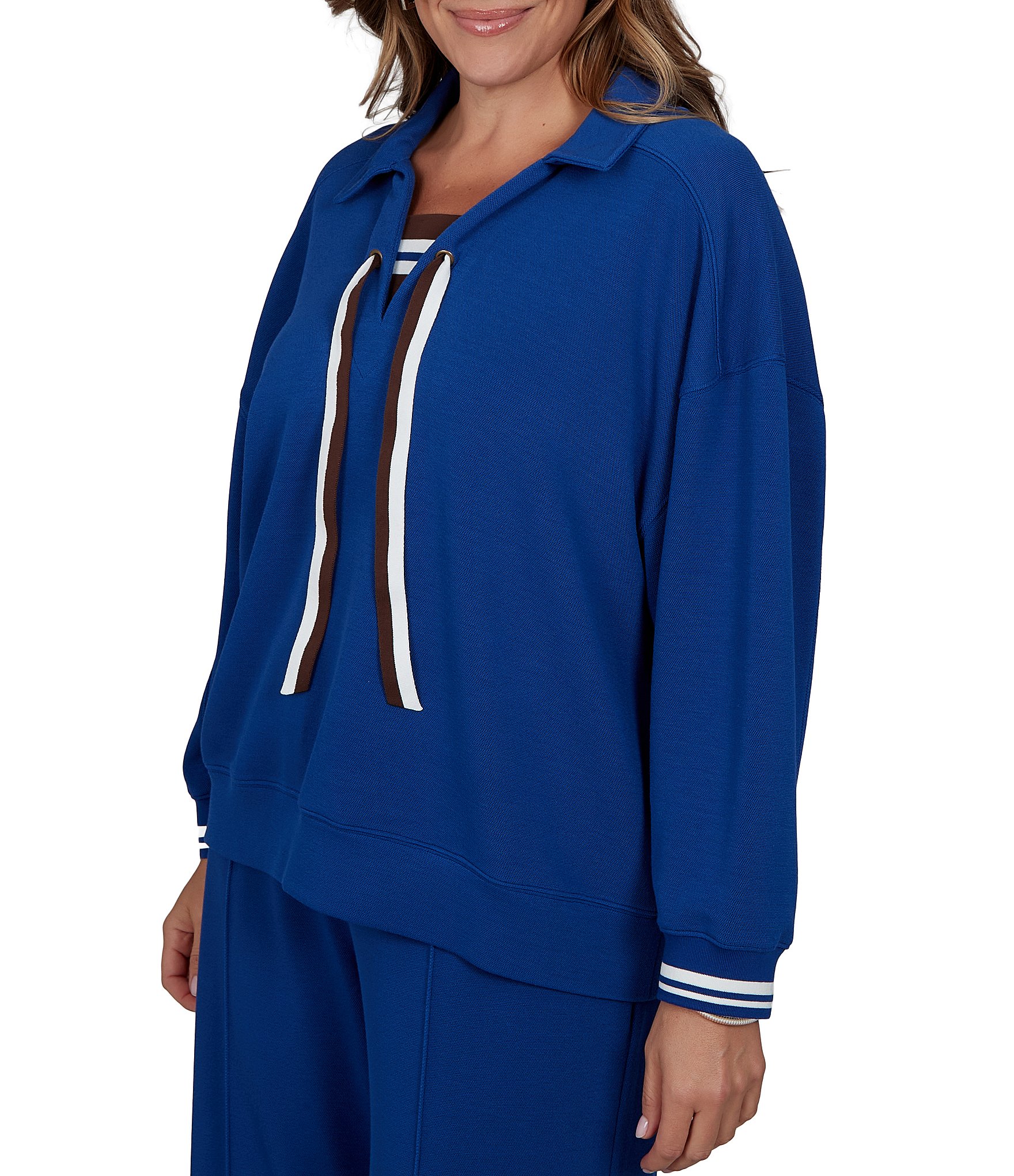 Ruby Rd. Plus Size Scuba Pique Point Collar 3/4 Sleeve Stripe Trim Pullover