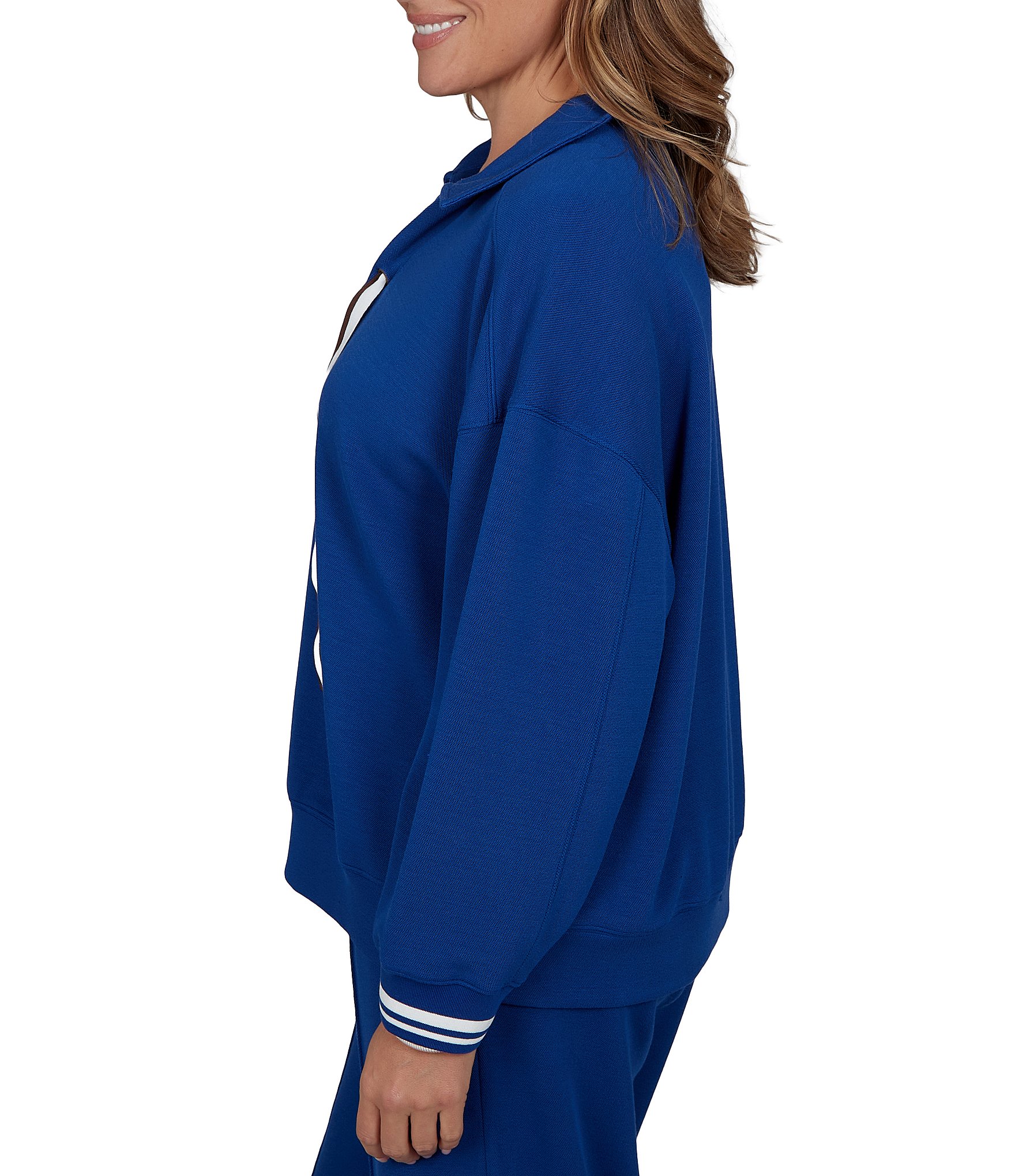 Ruby Rd. Plus Size Scuba Pique Point Collar 3/4 Sleeve Stripe Trim Pullover