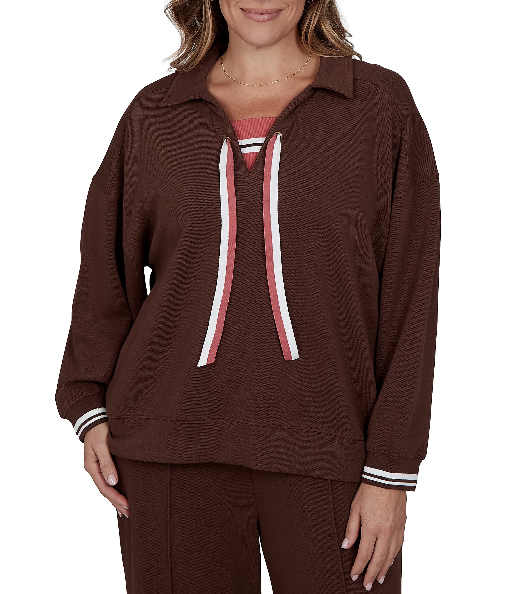 Ruby Rd. Plus Size Scuba Pique Point Collar 3/4 Sleeve Stripe Trim Pullover
