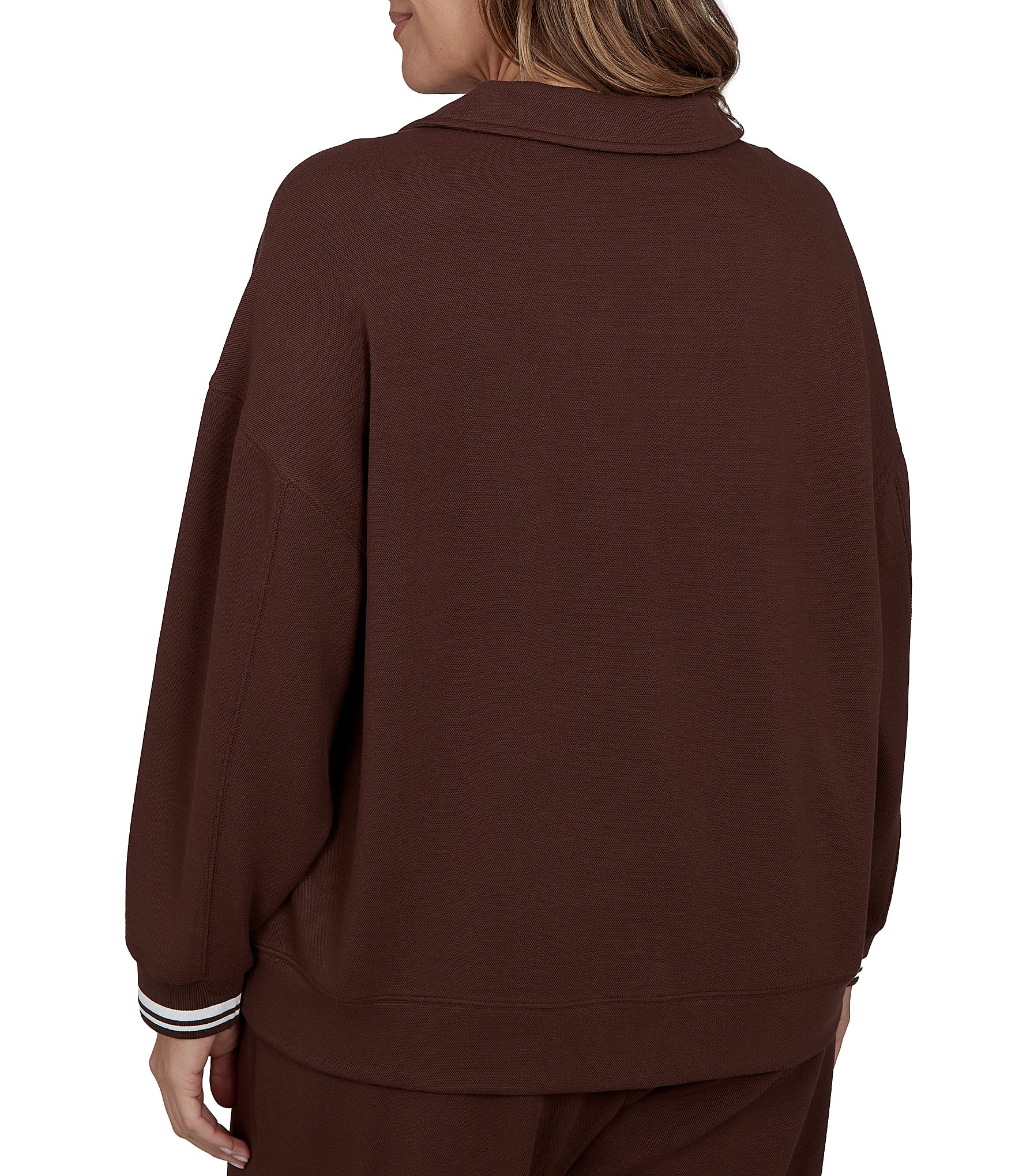 Ruby Rd. Plus Size Scuba Pique Point Collar 3/4 Sleeve Stripe Trim Pullover