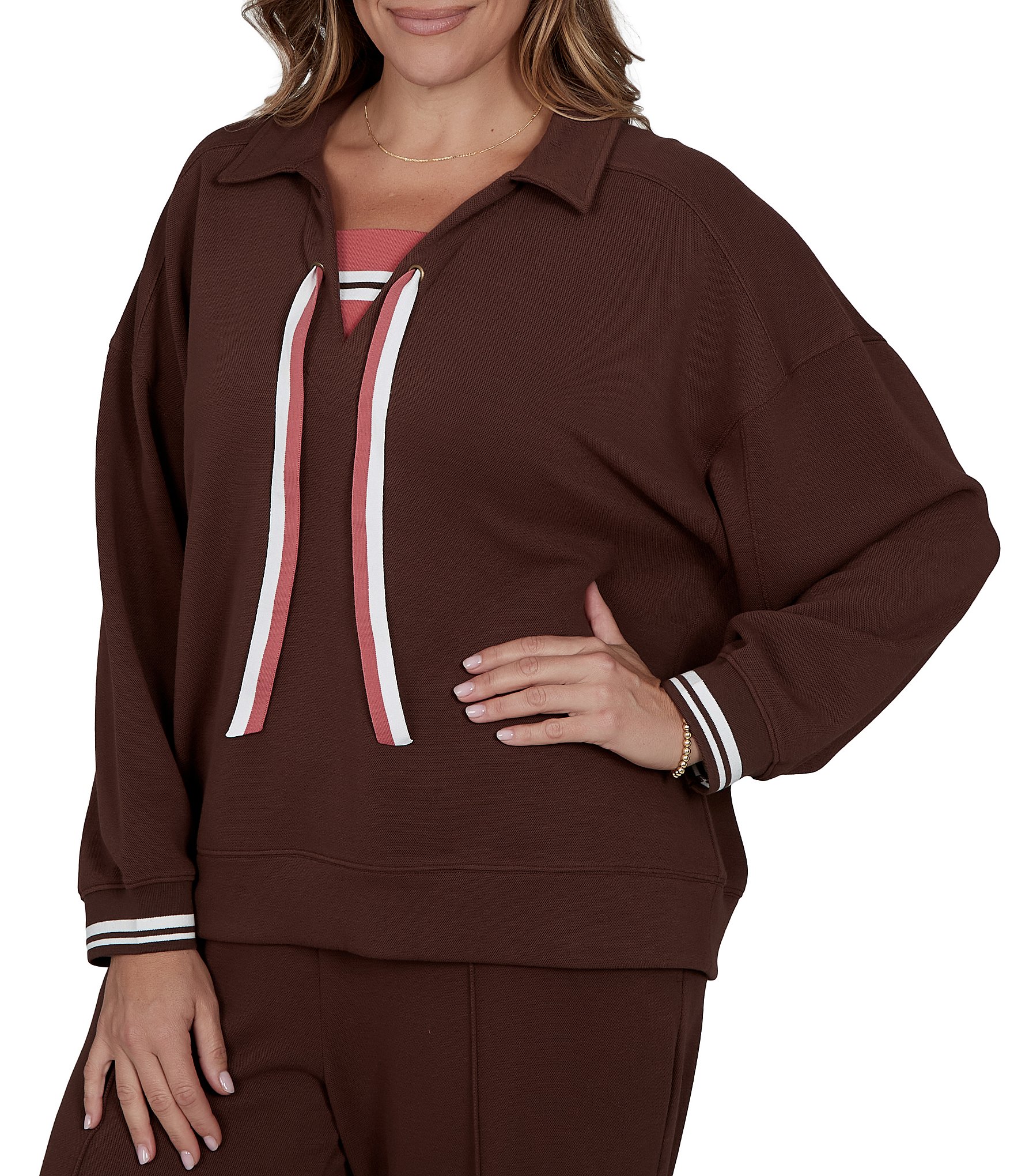 Ruby Rd. Plus Size Scuba Pique Point Collar 3/4 Sleeve Stripe Trim Pullover
