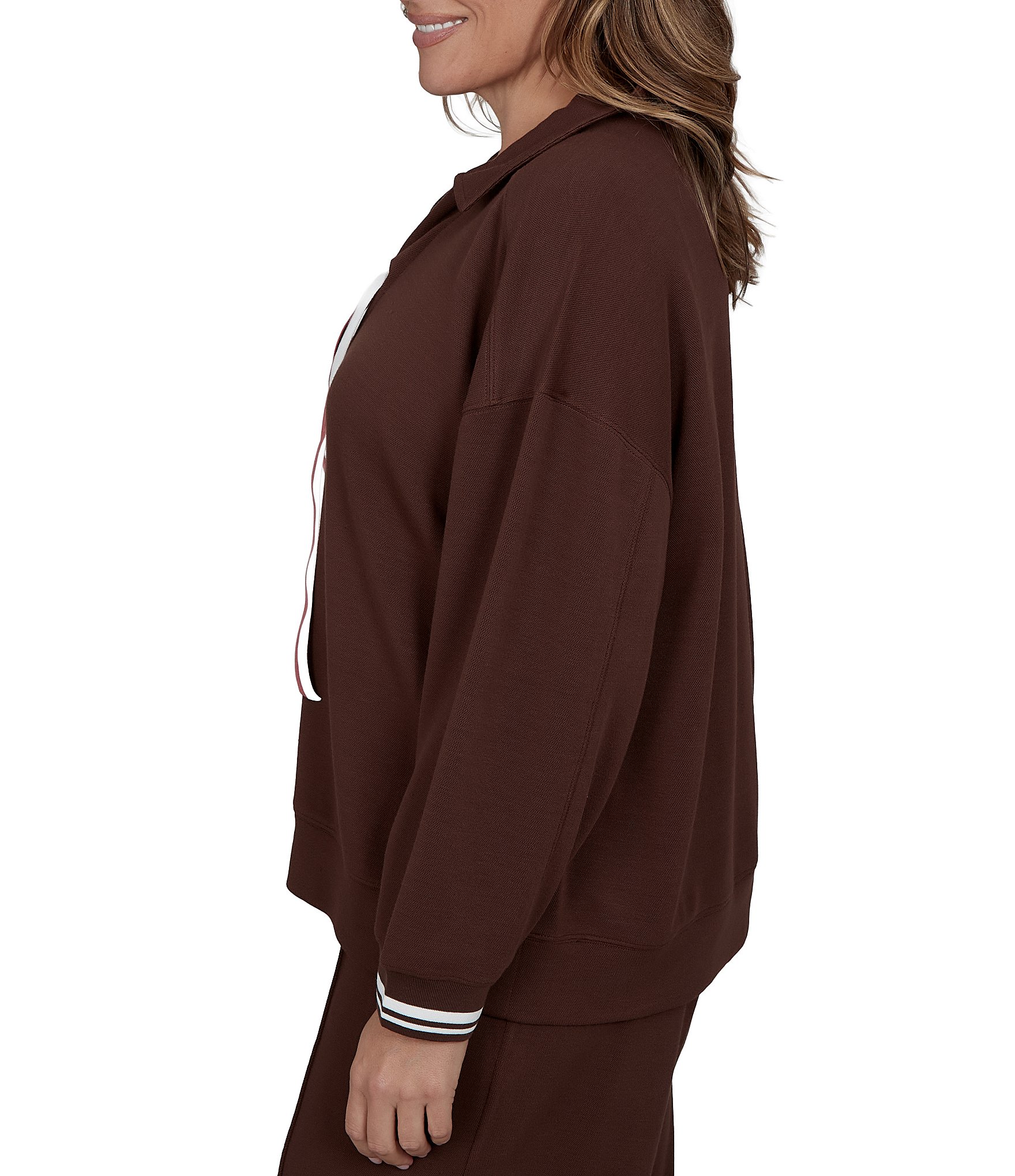 Ruby Rd. Plus Size Scuba Pique Point Collar 3/4 Sleeve Stripe Trim Pullover