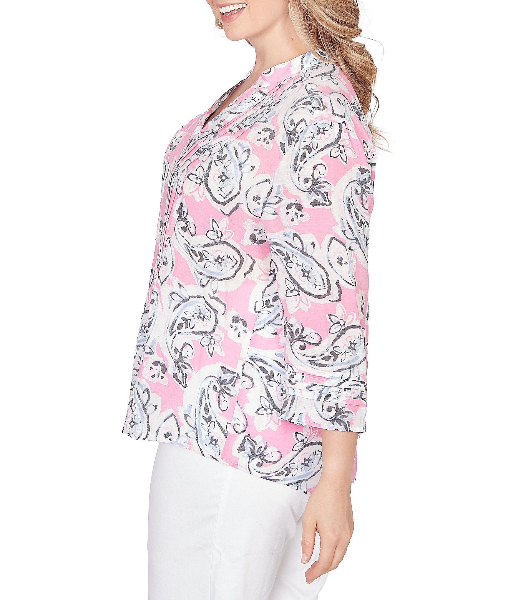 Ruby Rd. Plus Size Silky Gauze Hydrangea Paisley Split V-Neck 3/4 Sleeve Button Front Top