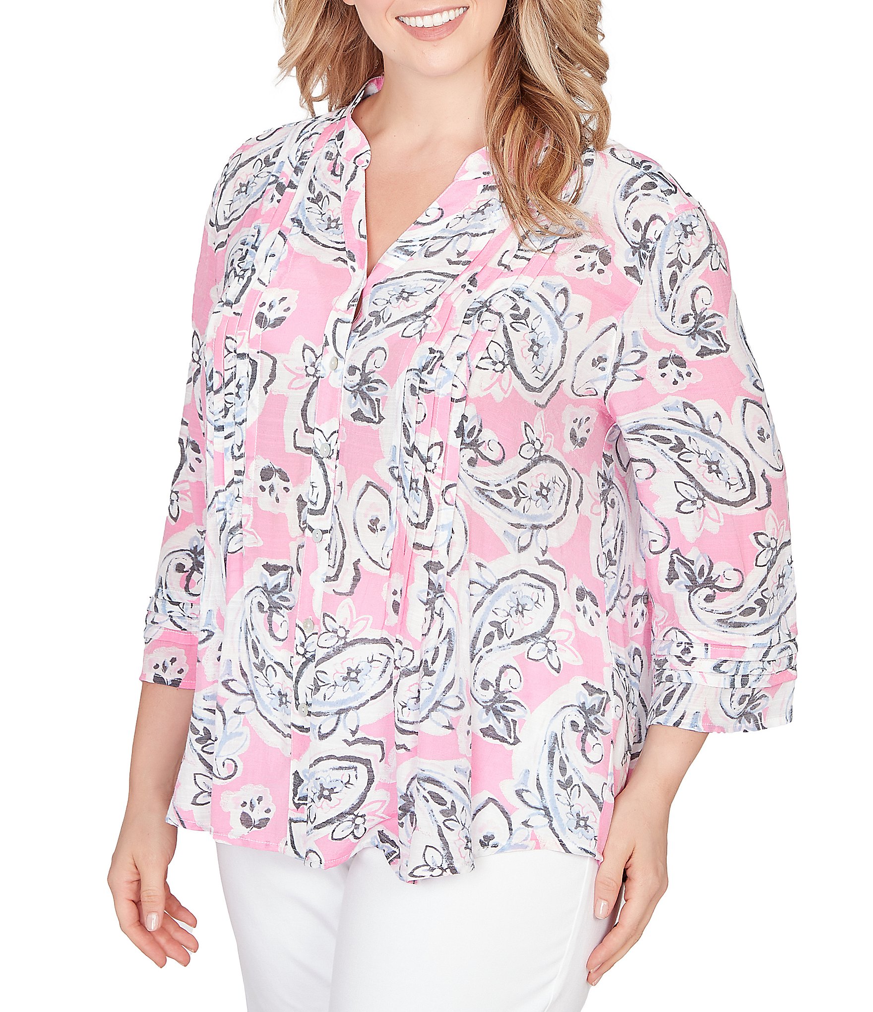Ruby Rd. Plus Size Silky Gauze Hydrangea Paisley Split V-Neck 3/4 Sleeve Button Front Top