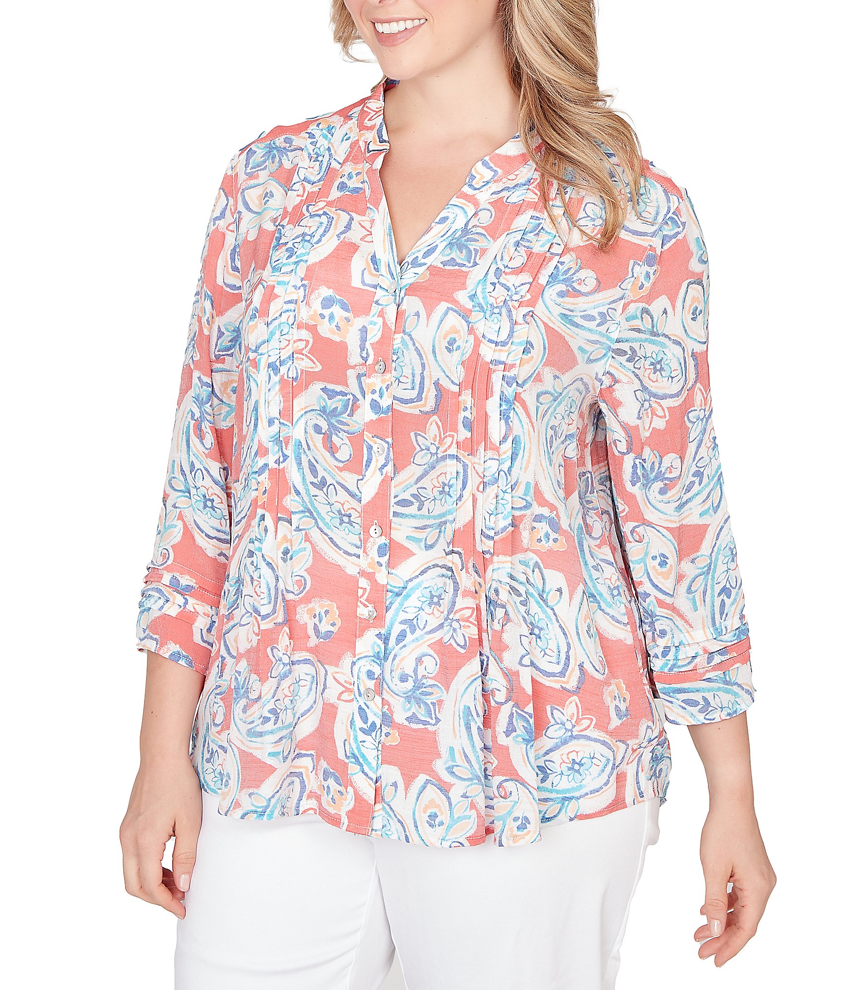 Ruby Rd. Plus Size Silky Gauze Paisley Split V-Neck 3/4 Sleeve Button Front Top