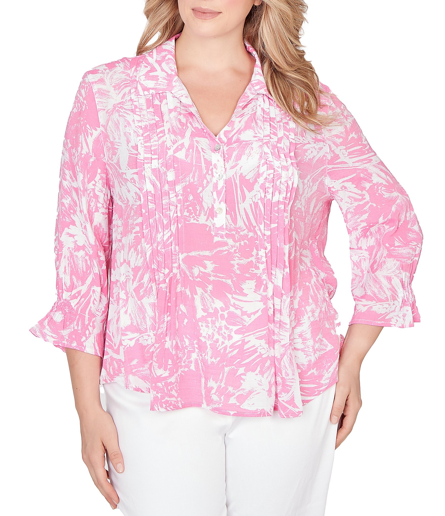 Ruby Rd. Plus Size Silky Slub Woven Brushstroke Floral Collared V-Neck 3/4 Sleeve Top