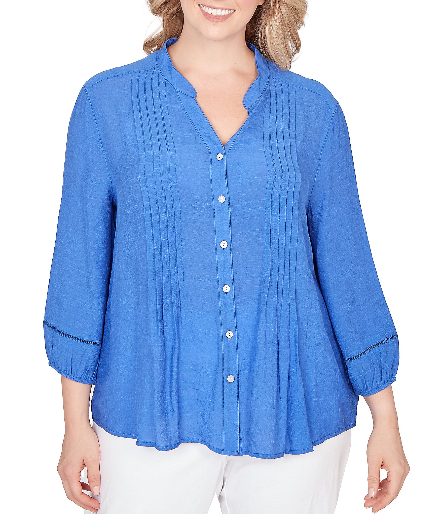 Ruby Rd. Plus Size Silky Slub Woven Split V-Neck 3/4 Sleeve Button Front Top