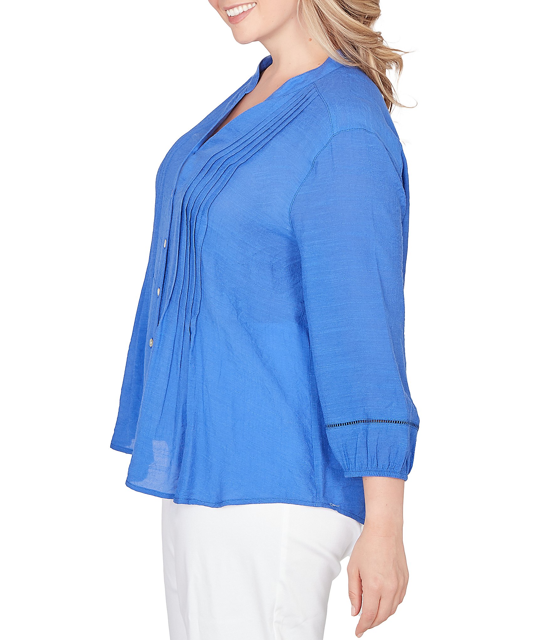 Ruby Rd. Plus Size Silky Slub Woven Split V-Neck 3/4 Sleeve Button Front Top