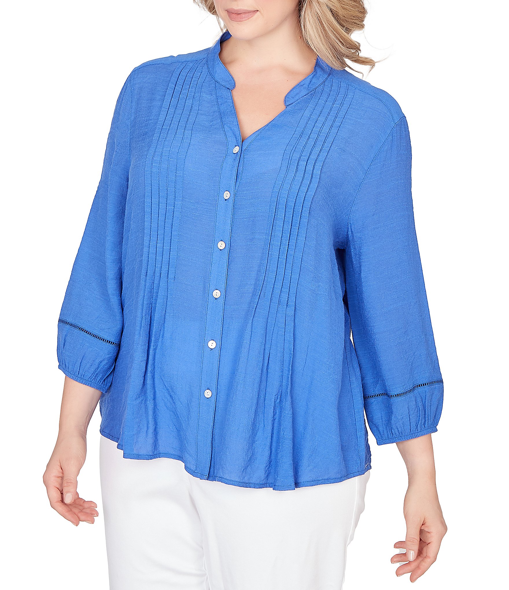 Ruby Rd. Plus Size Silky Slub Woven Split V-Neck 3/4 Sleeve Button Front Top
