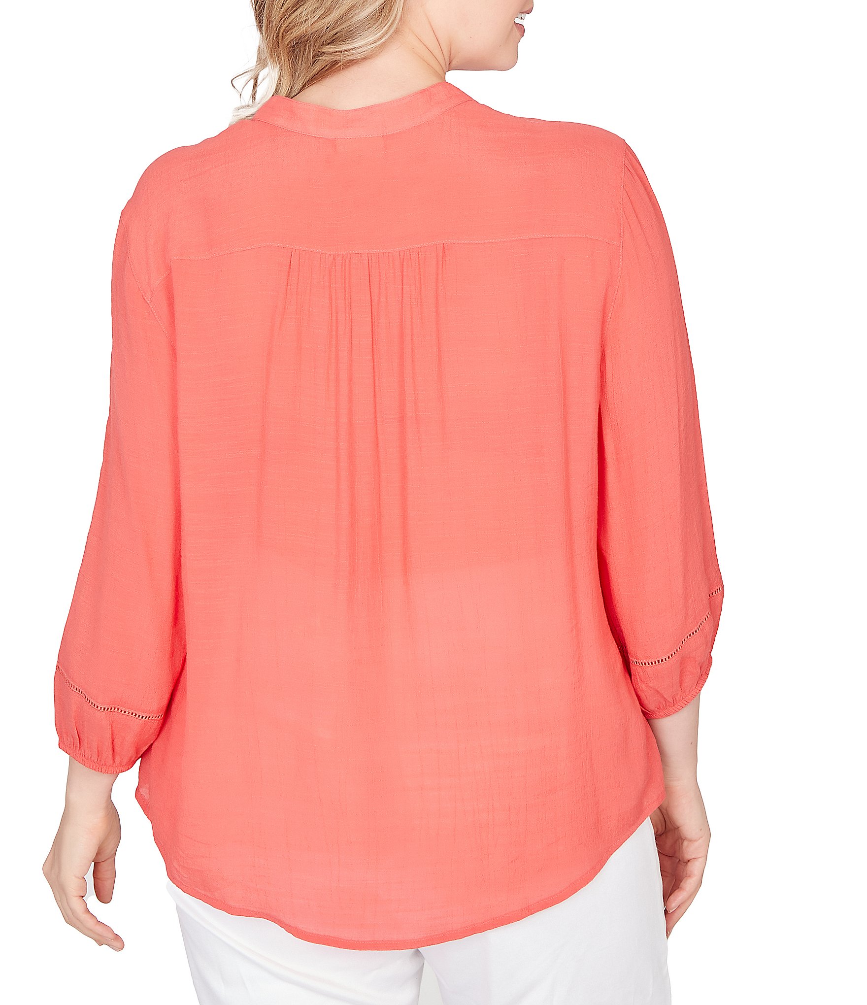 Ruby Rd. Plus Size Silky Slub Woven Split V-Neck 3/4 Sleeve Button Front Top