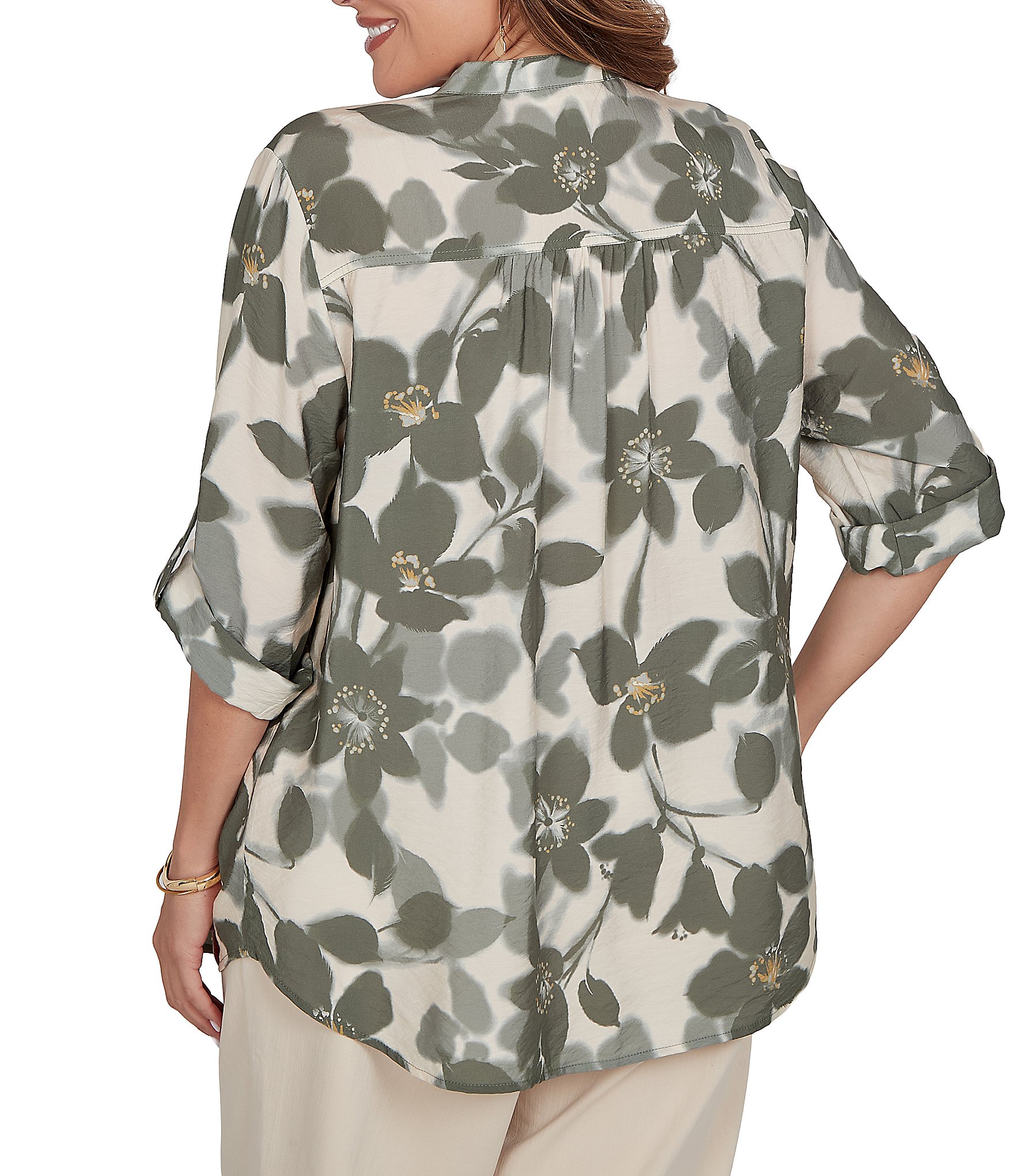 Ruby Rd. Plus Size Silky Voile Shadow Floral Split V-Neck 3/4 Sleeve Pleated Button Front Shirt