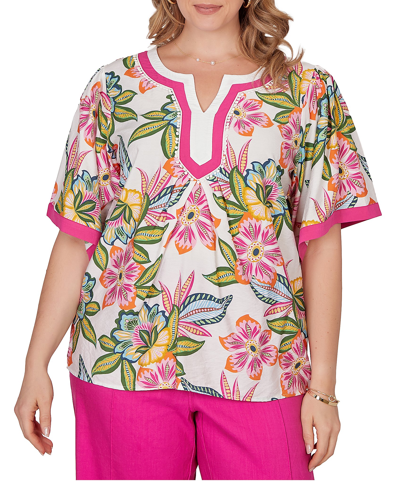 Ruby Rd. Plus Size Silky Voile Tropical Floral Split V-Neck Elbow Sleeve Blouse